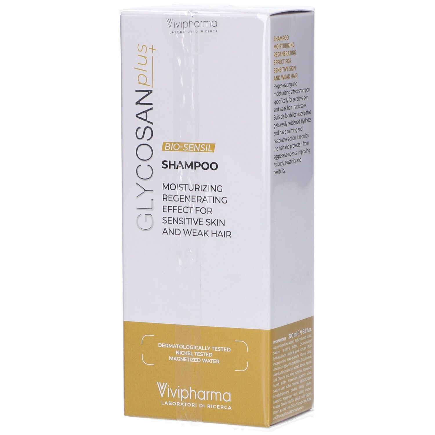 Confezione del prodotto Glycosan Plus Bio-Sensil Shampoo. Testo: Moisturizing, Regenerating Effect for Sensitive Skin and Weak Hair. Vivipharma.