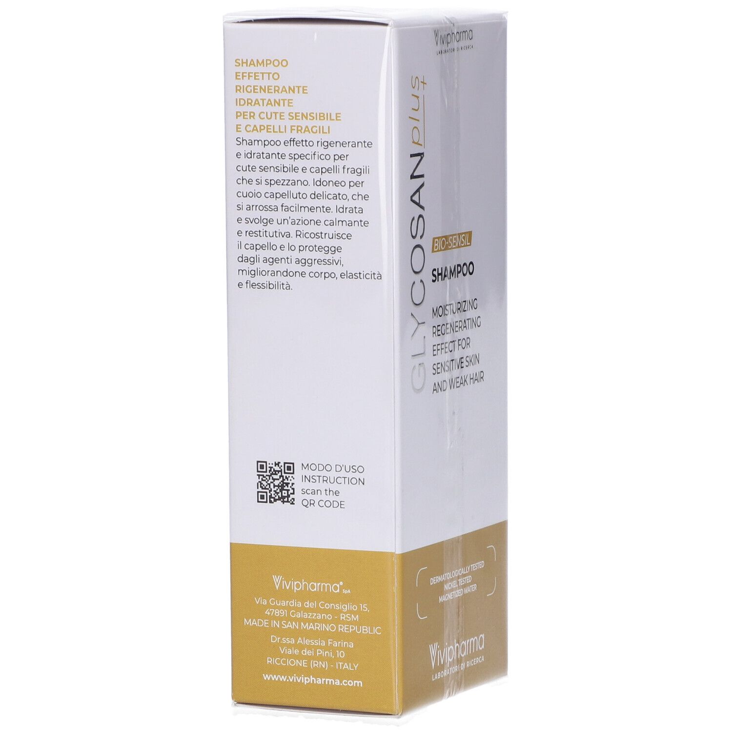 Confezione del prodotto con testo: Shampoo Effetto Rigenerante, Idratante, Per Cute Sensibile e Capelli Fragili. Codice QR e Vivipharma.