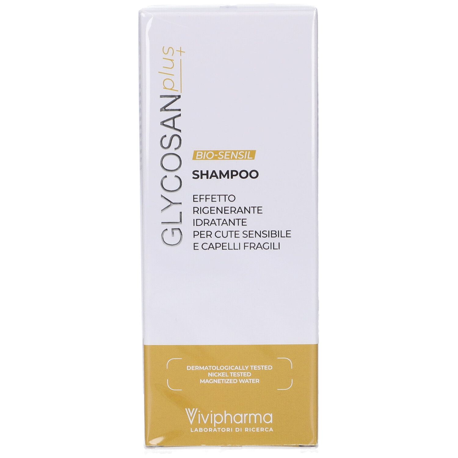 Confezione del prodotto Glycosan Plus Bio-Sensil Shampoo. Testo: Effetto Rigenerante, Idratante, Per Cute Sensibile e Capelli Fragili. Vivipharma.