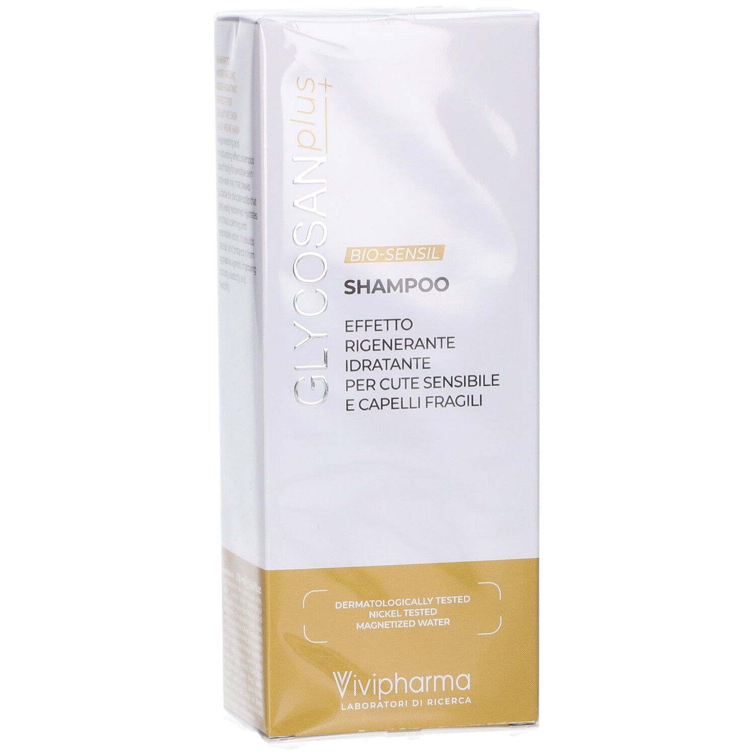 Confezione del prodotto Glycosan Plus Bio-Sensil Shampoo. Testo: Effetto Rigenerante, Idratante, Per Cute Sensibile e Capelli Fragili. Vivipharma.