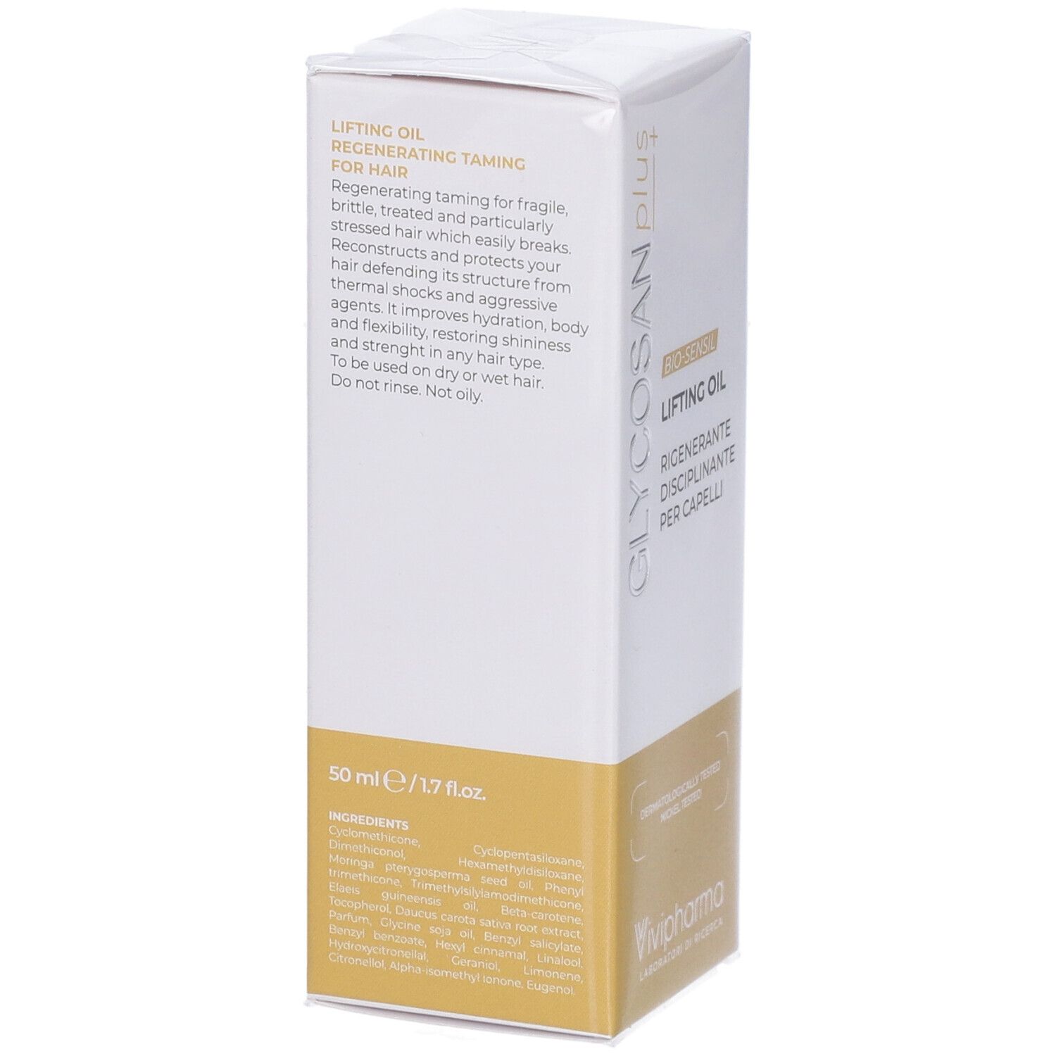 Confezione per Lifting Oil, 50 ml. Contiene testo sulla ricostruzione dei capelli e ingredienti.