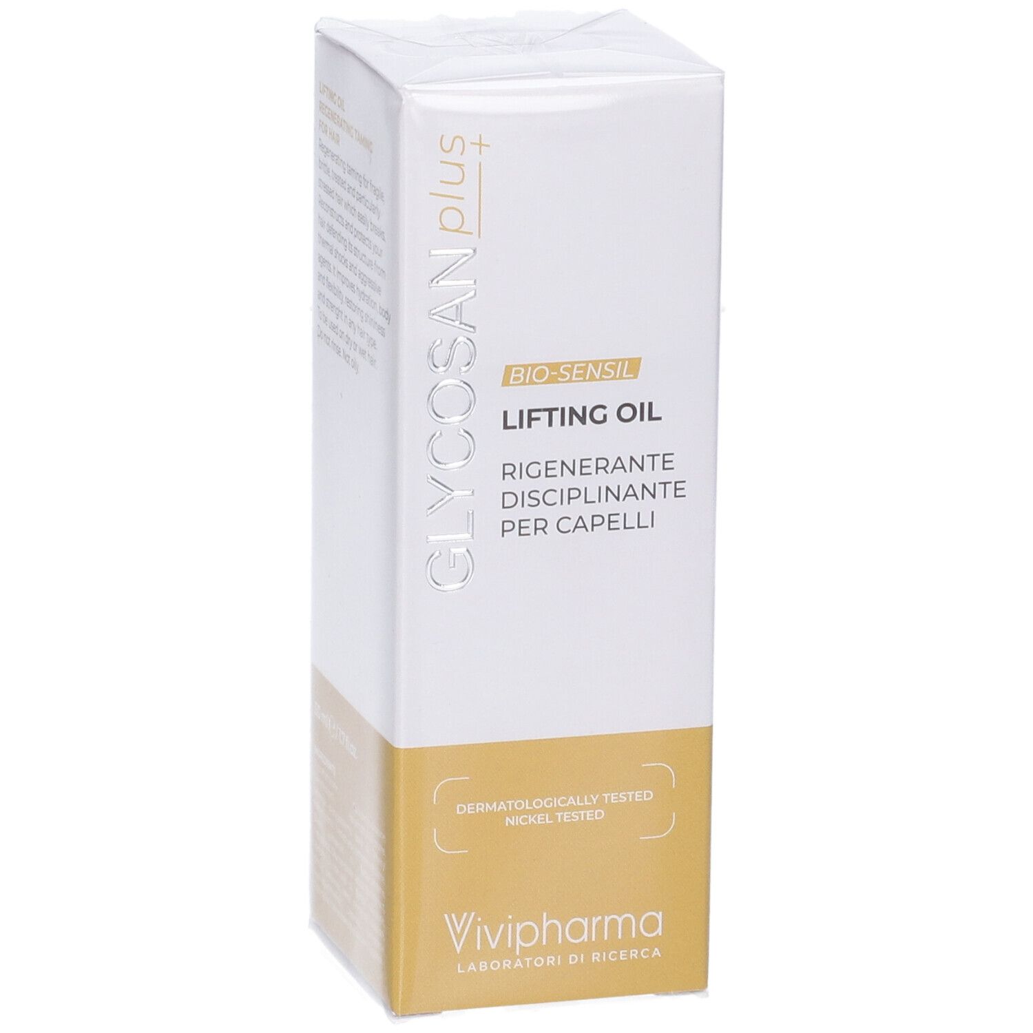 Confezione per Glycosan Plus Bio-Sensil Lifting Oil, olio rigenerante e disciplinante per capelli.