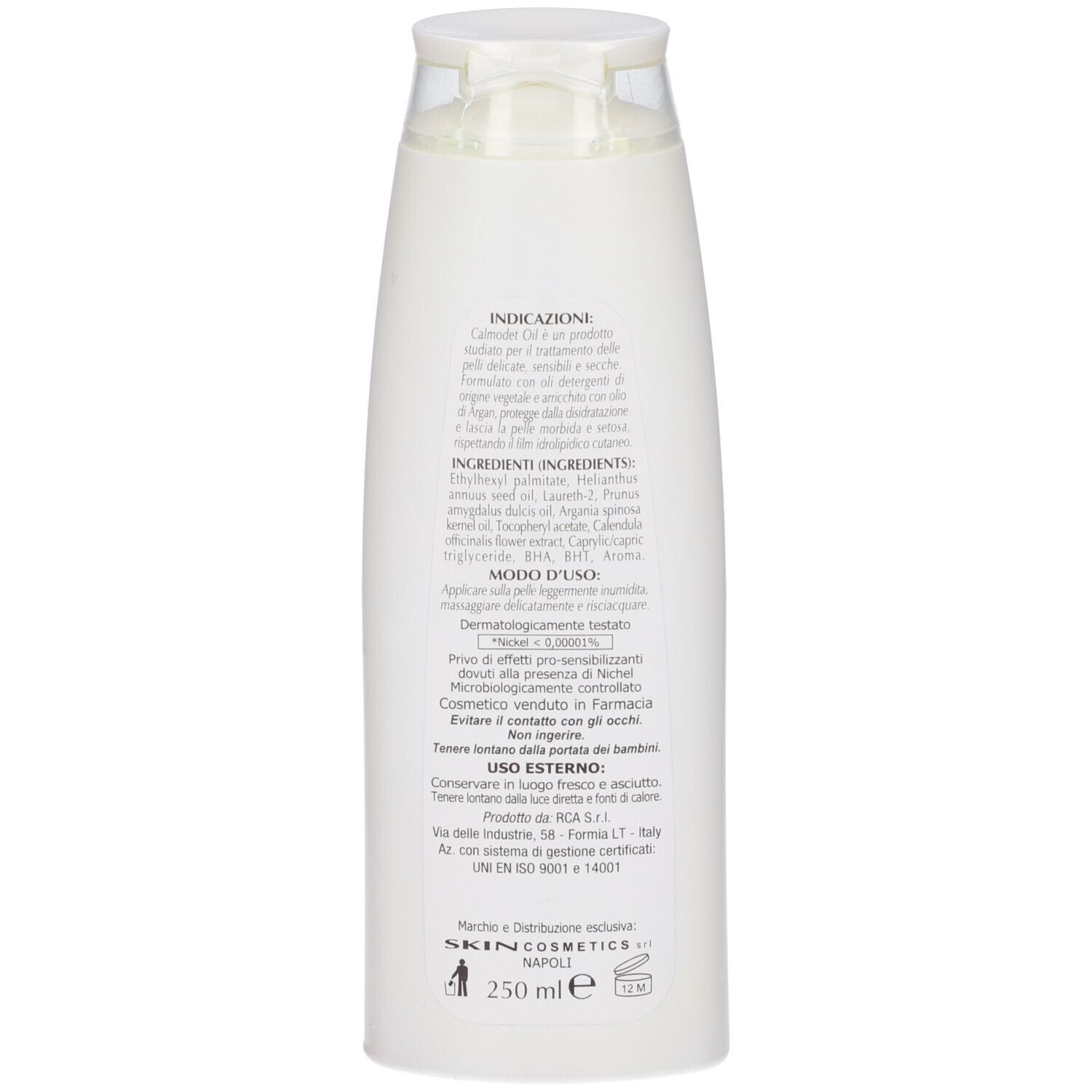 Retro del flacone bianco. Testo con ingredienti e istruzioni per l'uso. 250 ml. Per pelli sensibili.