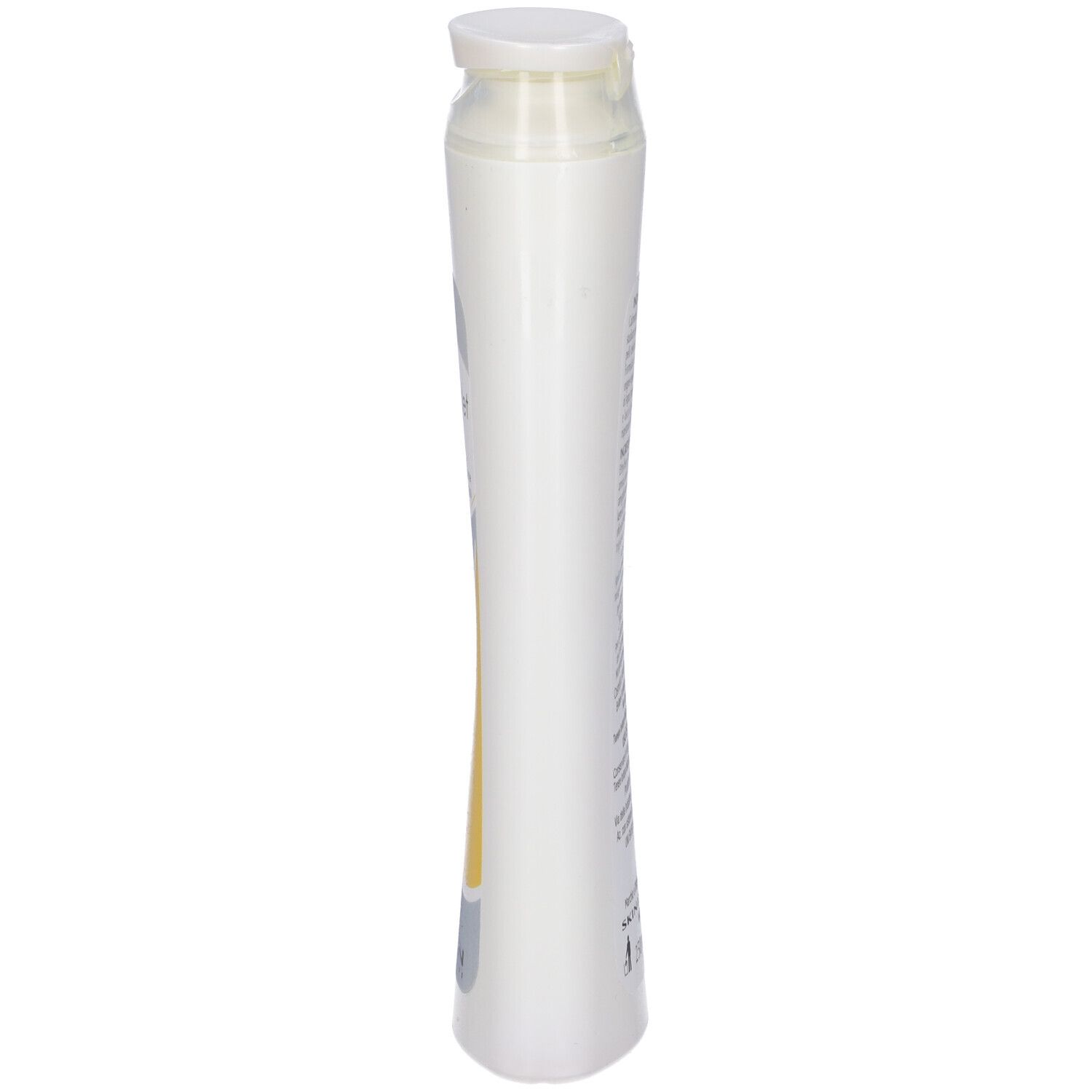 Flacone bianco sottile con tappo bianco. Stampa sul flacone. Prodotto per pelli sensibili.