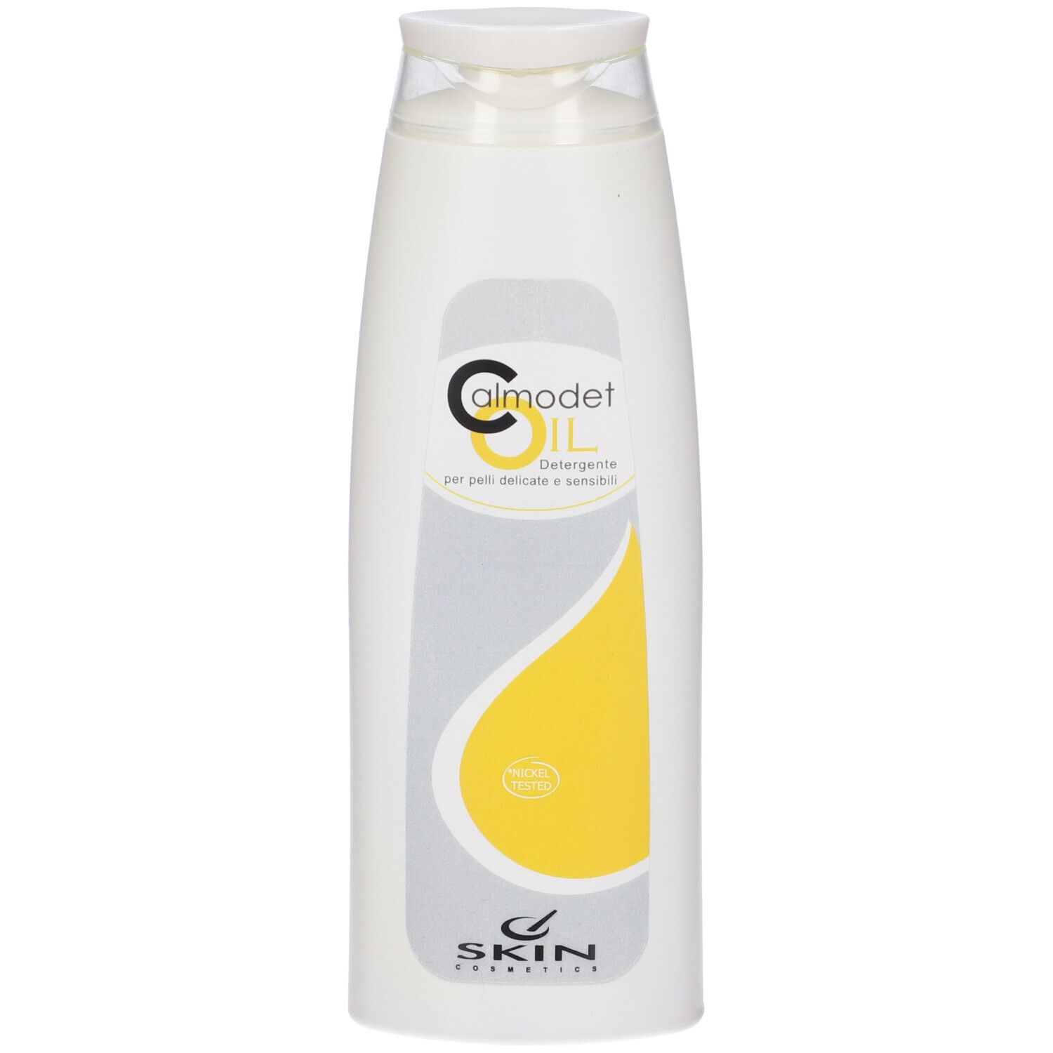 Flacone bianco con simbolo olio giallo e stampa del prodotto. Per pelli sensibili. Skin Cosmetics.