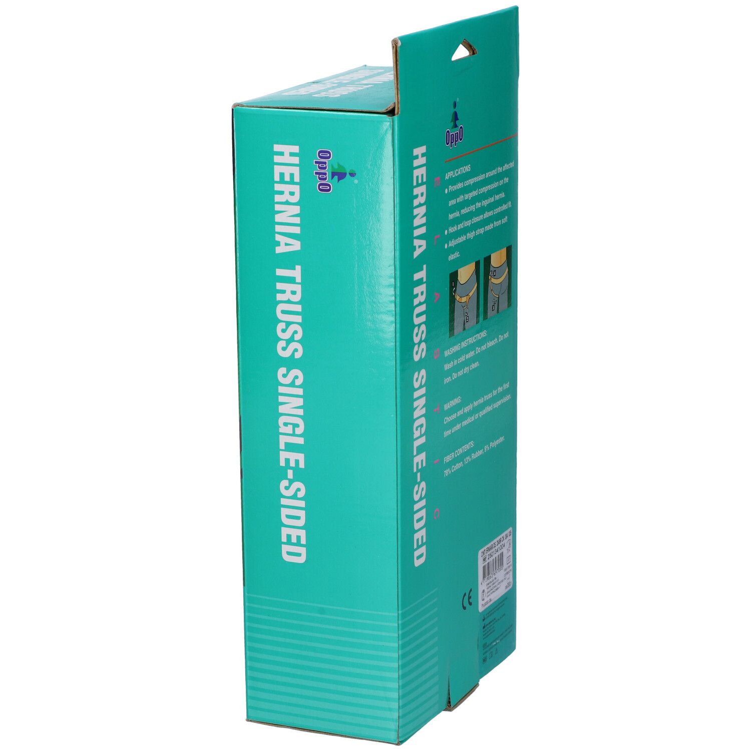 Confezione per fascia per ernia. Verde, con immagine del prodotto e testo. Marchio Oppo.