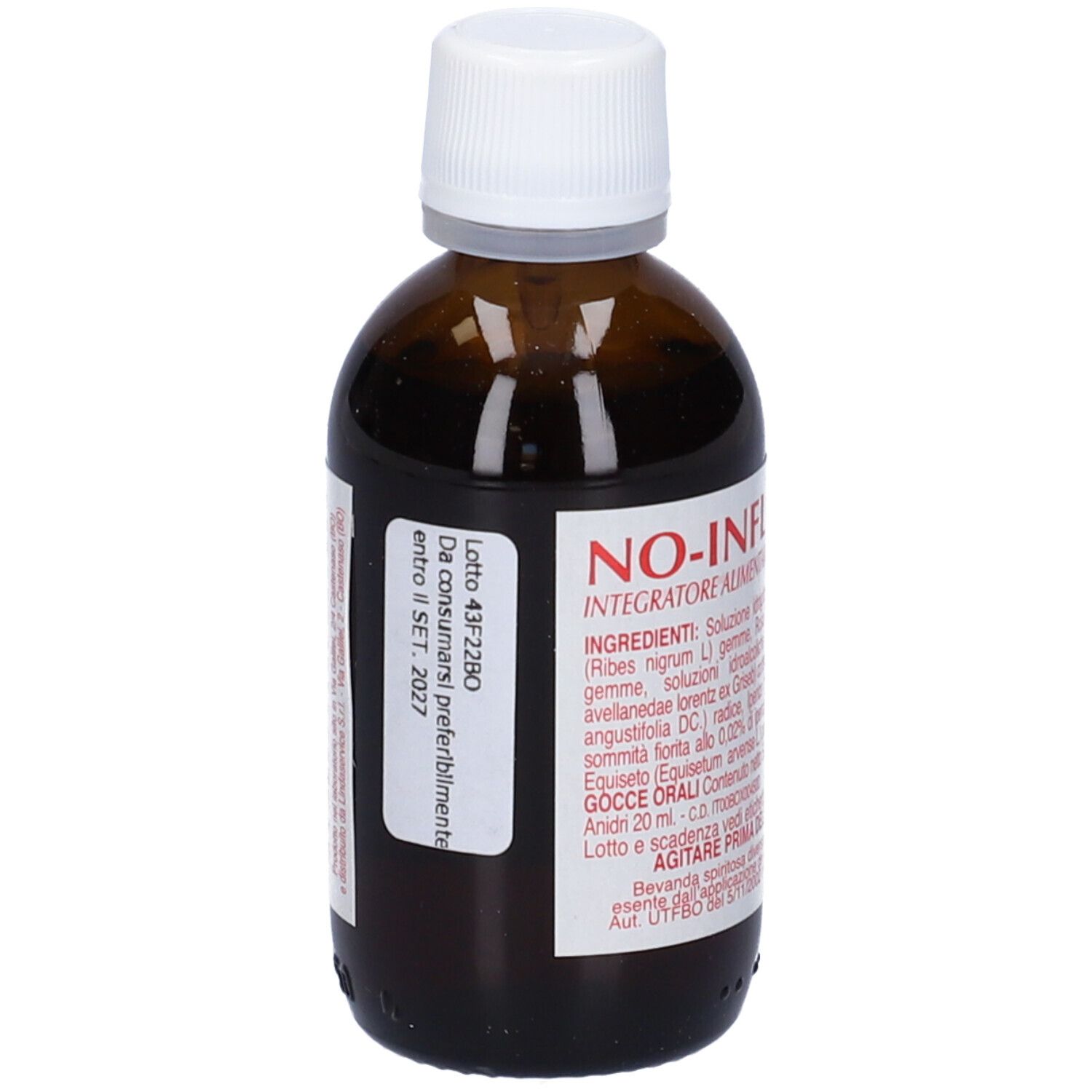 Flacone in vetro marrone, tappo bianco. Etichetta con testo. Nome prodotto NO-INFLU LINDA'S.