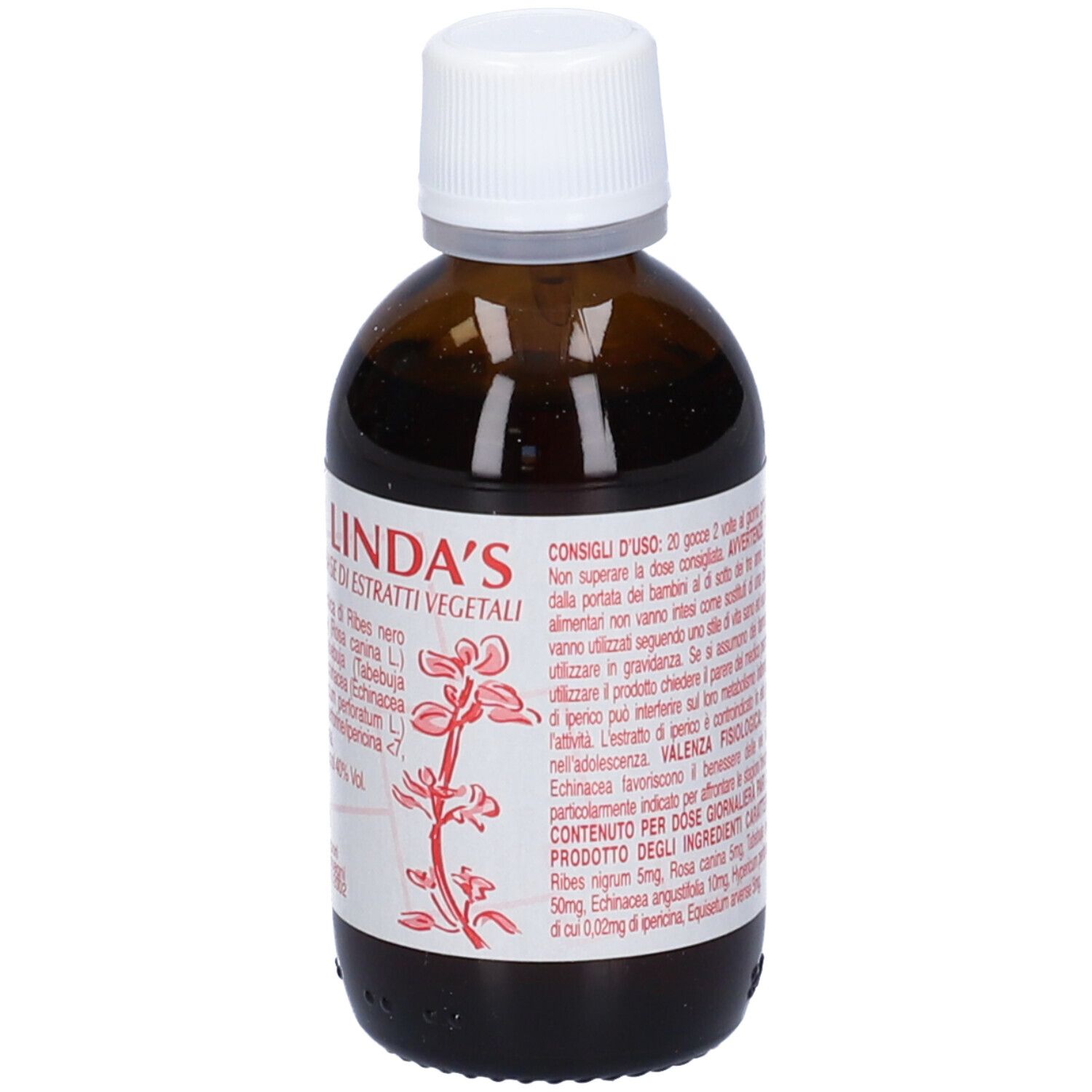 Flacone in vetro marrone, tappo bianco. Etichetta con testo. Nome prodotto LINDA'S.