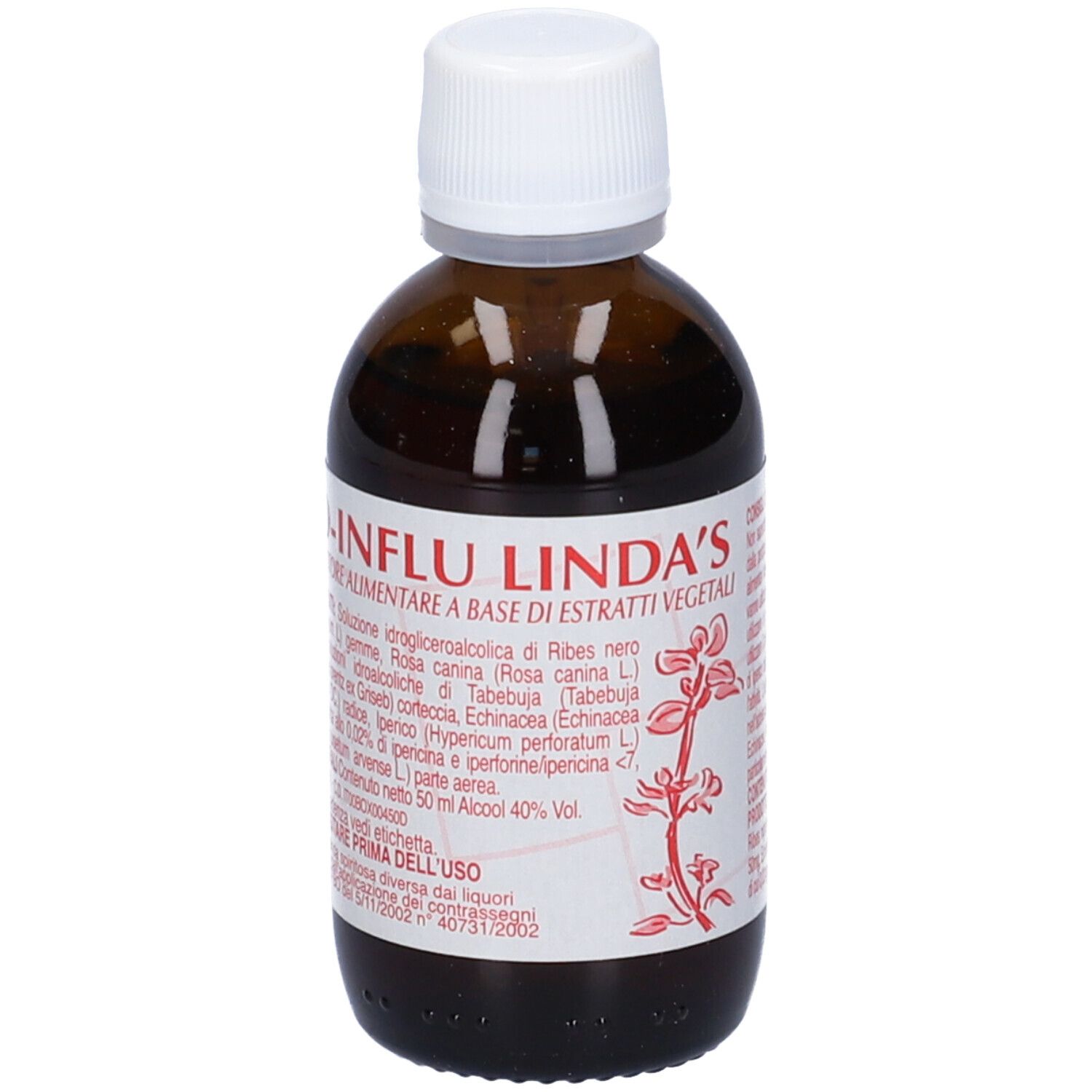 Flacone in vetro marrone, tappo bianco. Etichetta con testo. Nome prodotto NO-INFLU LINDA'S.