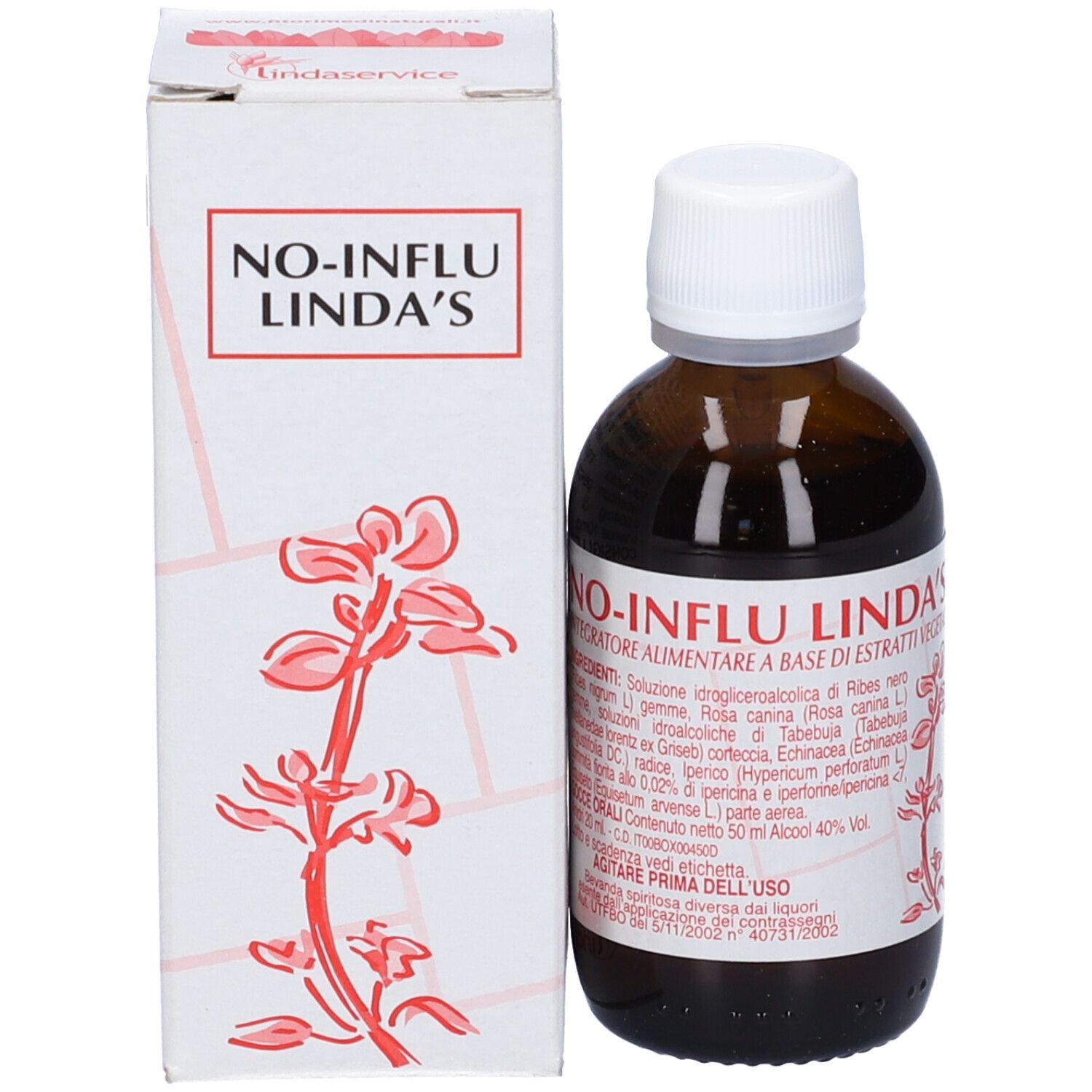 Flacone e confezione del prodotto. Confezione con NO-INFLU LINDA'S. Illustrazione pianta rossa.