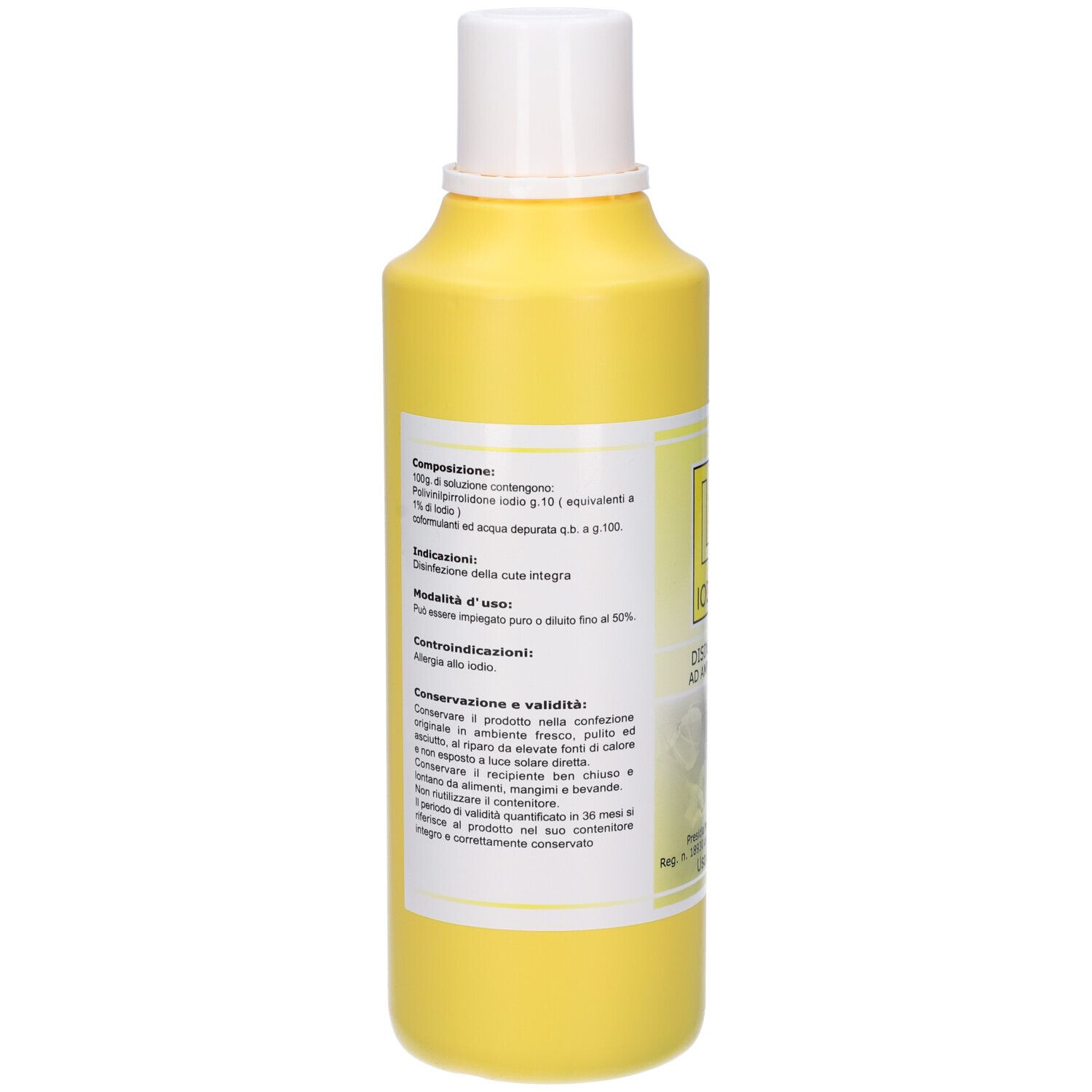 Retro di un flacone giallo con tappo bianco. Testo sull'etichetta. Informazioni sul prodotto e ingredienti.