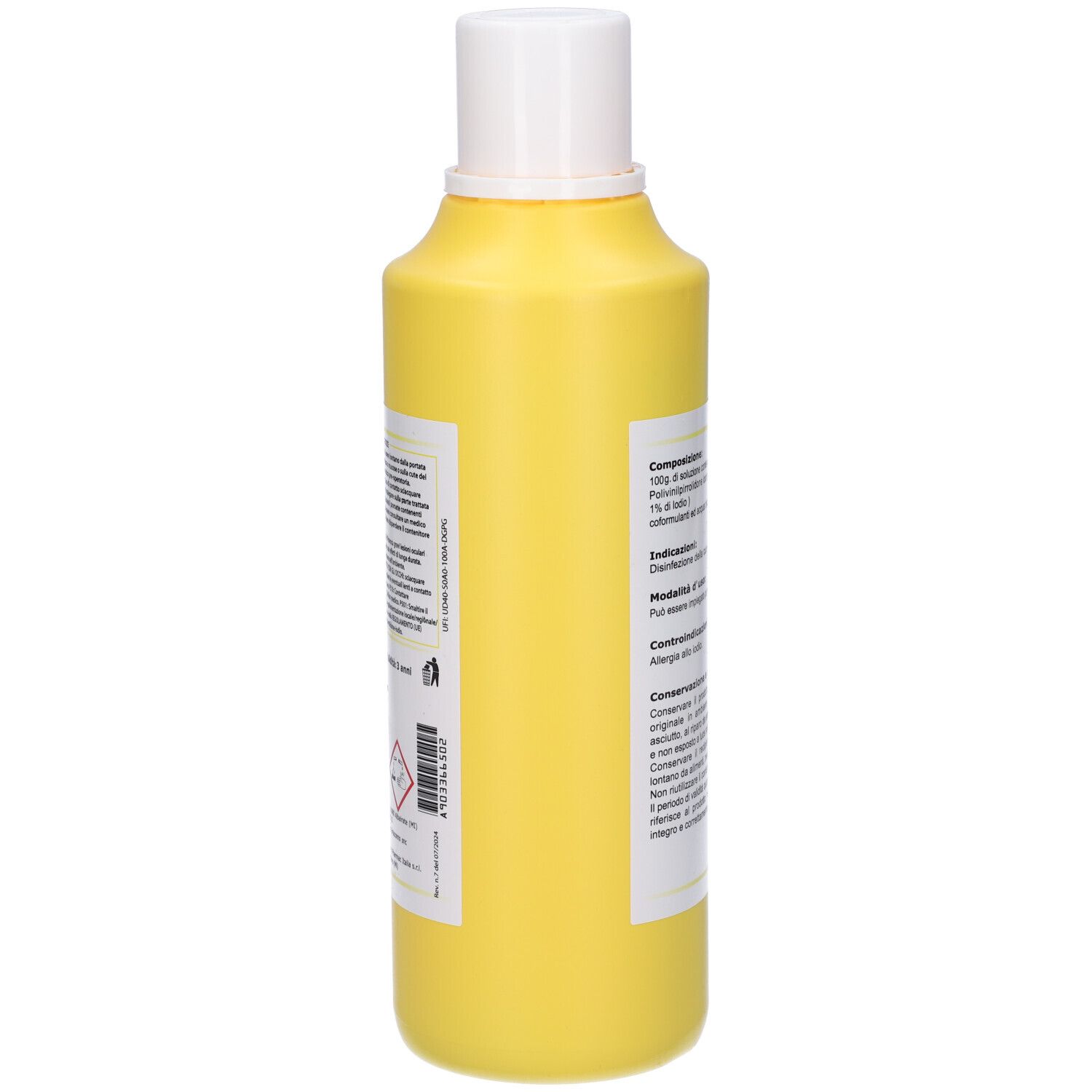 Flacone giallo con tappo bianco, vista laterale. Etichetta con testo e simboli di pericolo.