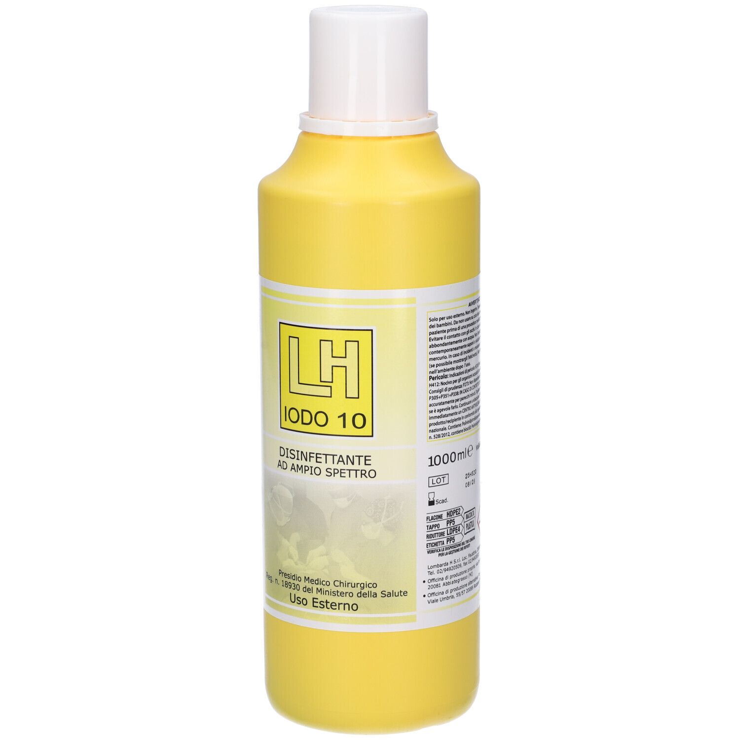 Flacone giallo con tappo bianco. Scritta: LH IODO 10, Disinfettante ad ampio spettro. Etichetta con testo. 1000 ml.