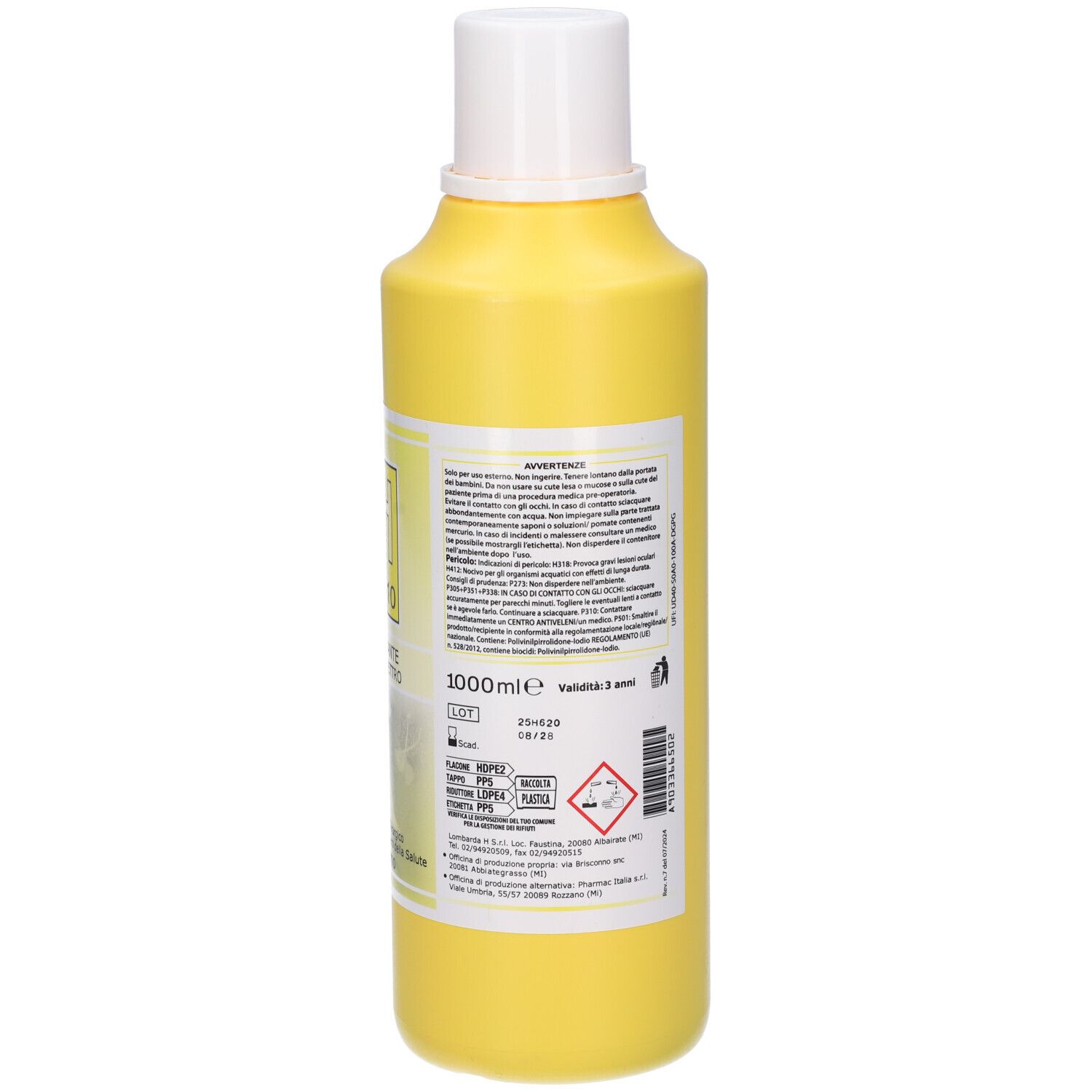Retro di un flacone giallo con tappo bianco. Testo sull'etichetta. 1000 ml. Avvertenze e data di scadenza.