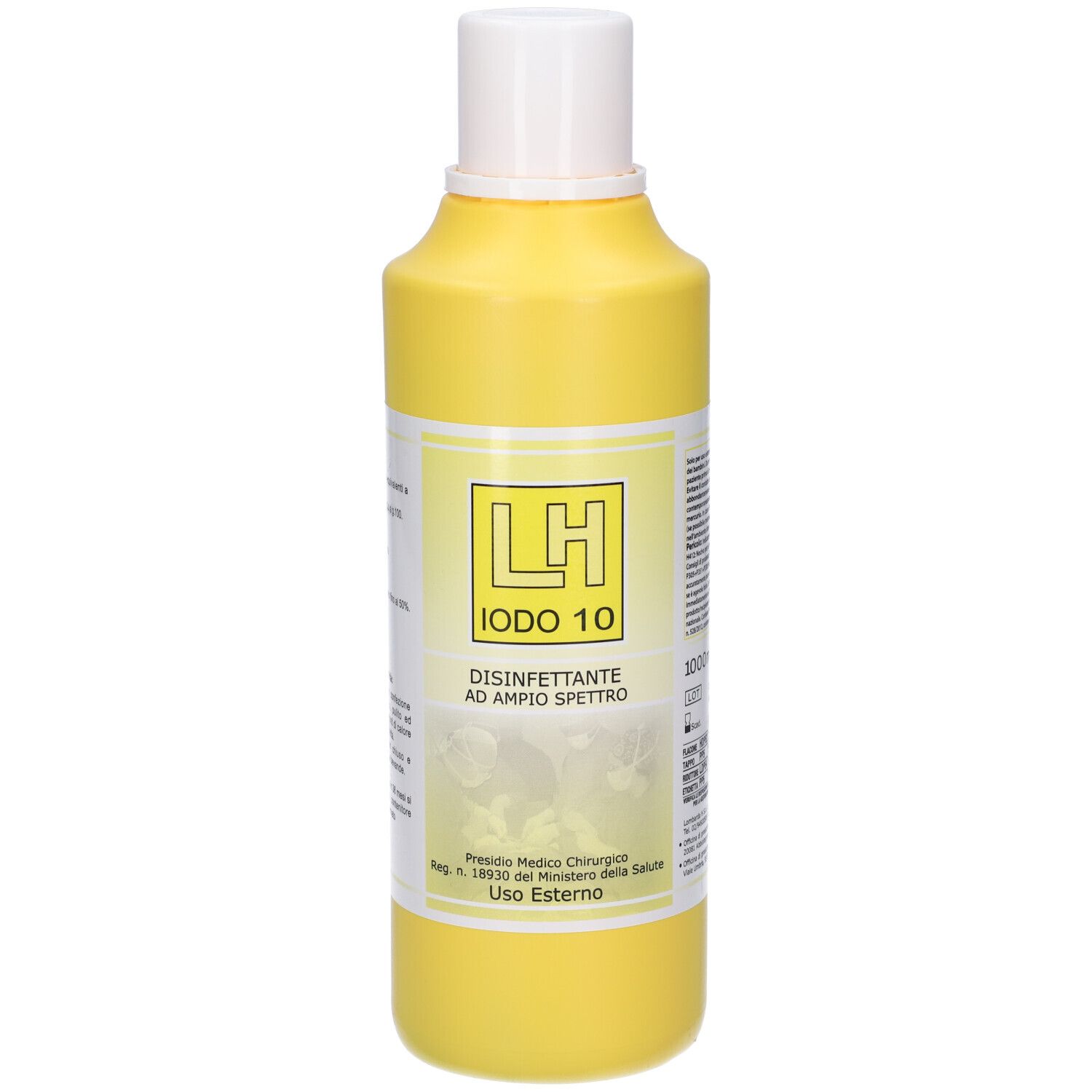 Flacone giallo con tappo bianco. Scritta: LH IODO 10, Disinfettante ad ampio spettro. Etichetta con testo.