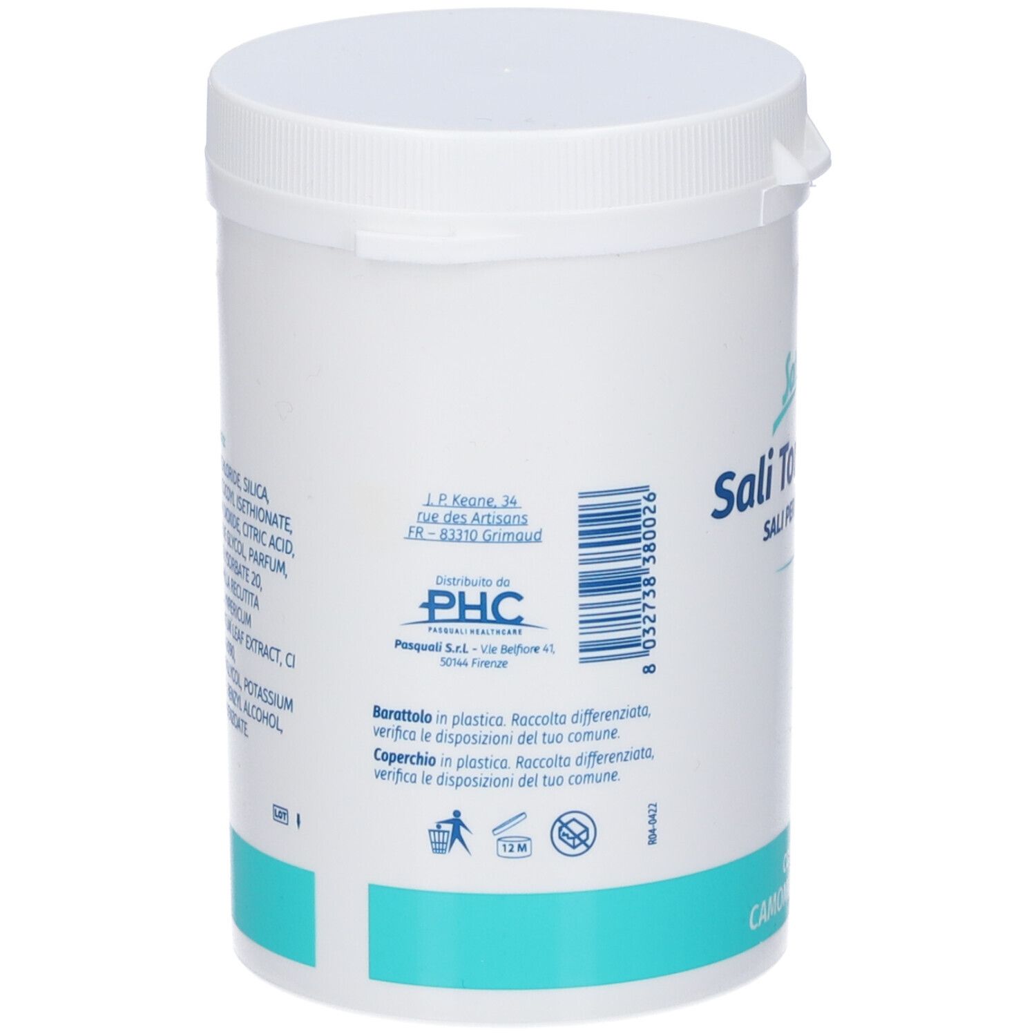 Contenitore bianco con coperchio. Scritta: Saltrati Sali Tonificanti. Retro con testo e loghi.