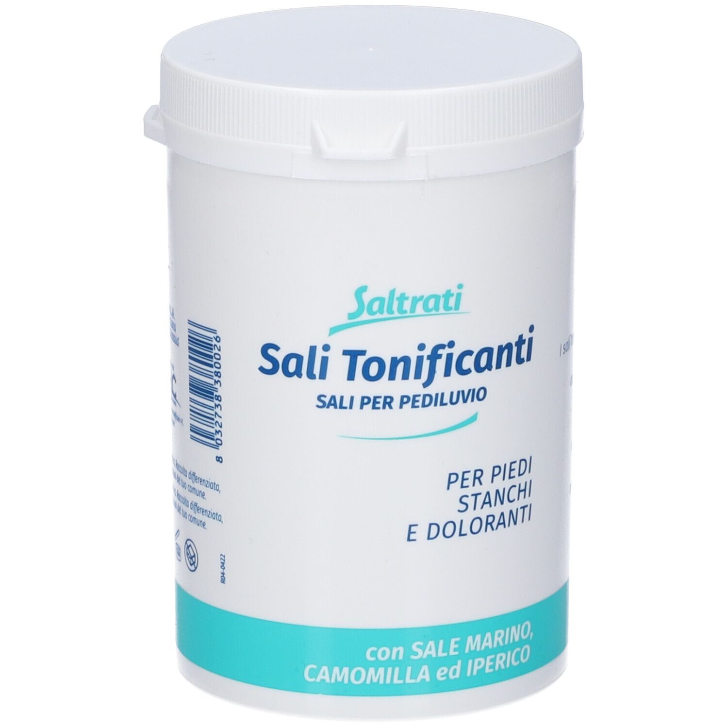 Contenitore bianco con coperchio. Scritta: Saltrati Sali Tonificanti. Retro con testo e codice a barre.