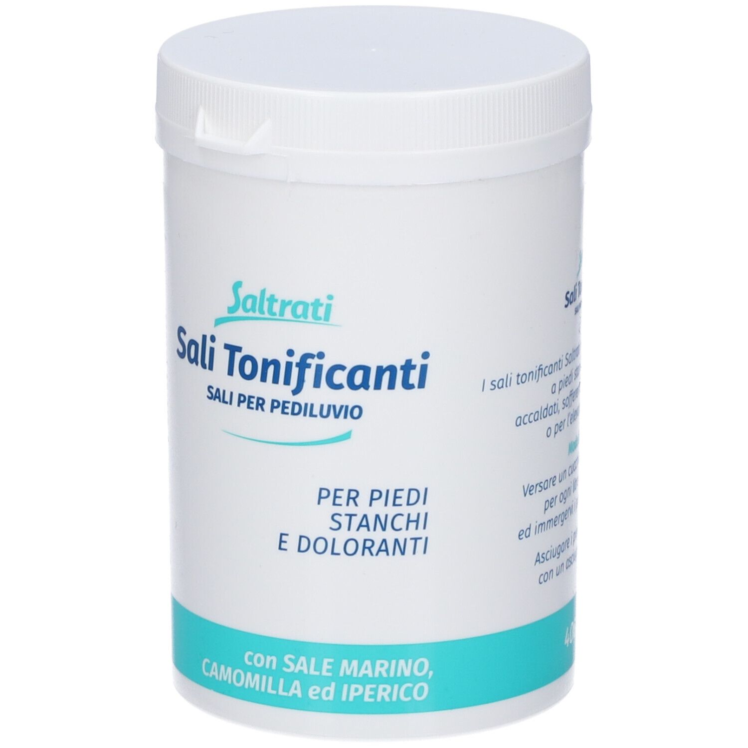 Contenitore bianco con coperchio. Scritta: Saltrati Sali Tonificanti. Testo e istruzioni per l'uso. Contenuto: 400 g.