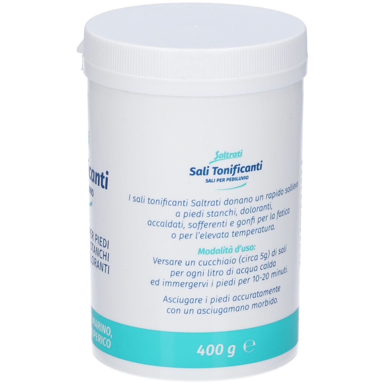 Contenitore bianco con coperchio. Scritta: Saltrati Sali Tonificanti. Testo e istruzioni per l'uso. Contenuto: 400 g.