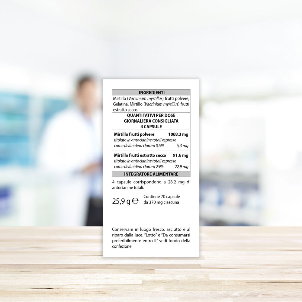Retro confezione Mirtillo Plus. Ingredienti, dosaggio, componenti. 70 capsule. Sfondo sfocato.