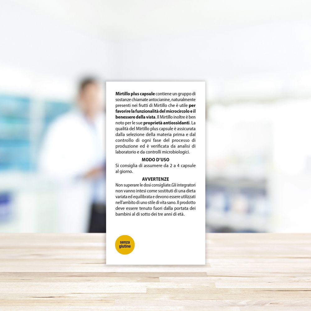Retro confezione Mirtillo Plus. Istruzioni per l'uso, avvertenze. Sfondo sfocato.