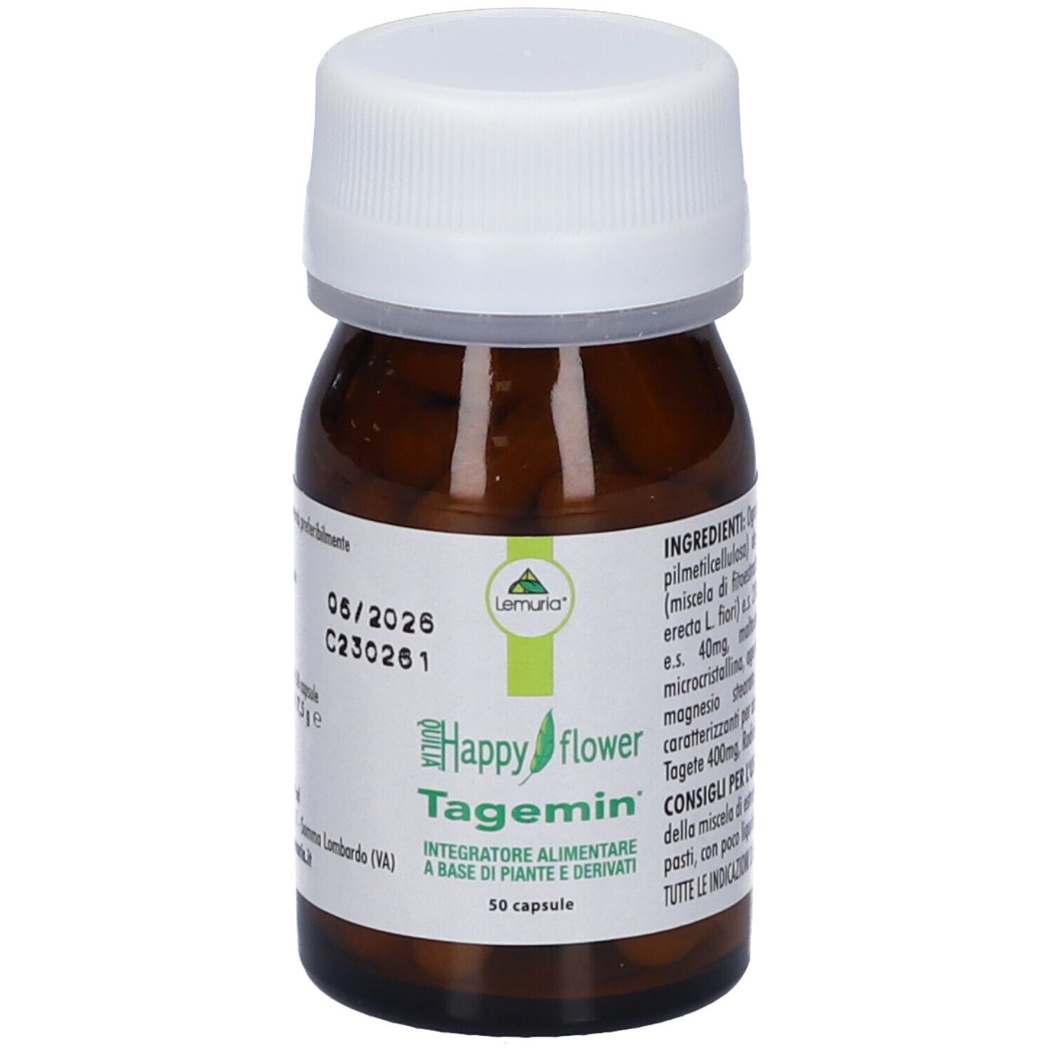 Flacone marrone con tappo bianco. Scritto: Happy flower, Tagemin, 50 capsule. Scadenza 06/2026.