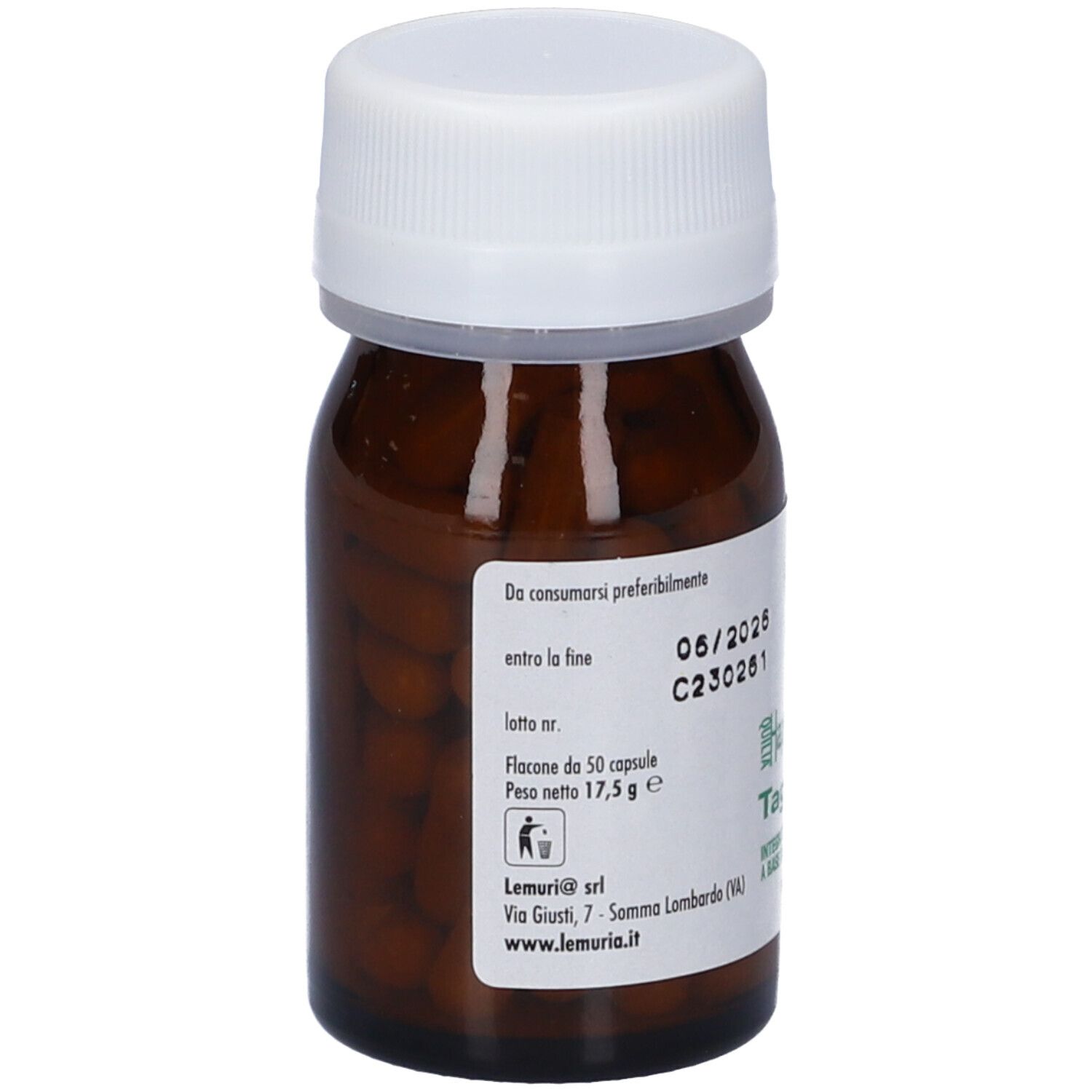 Flacone marrone con tappo bianco. Scritto: Happy flower, Tagemin, 50 capsule. Scadenza 06/2026.