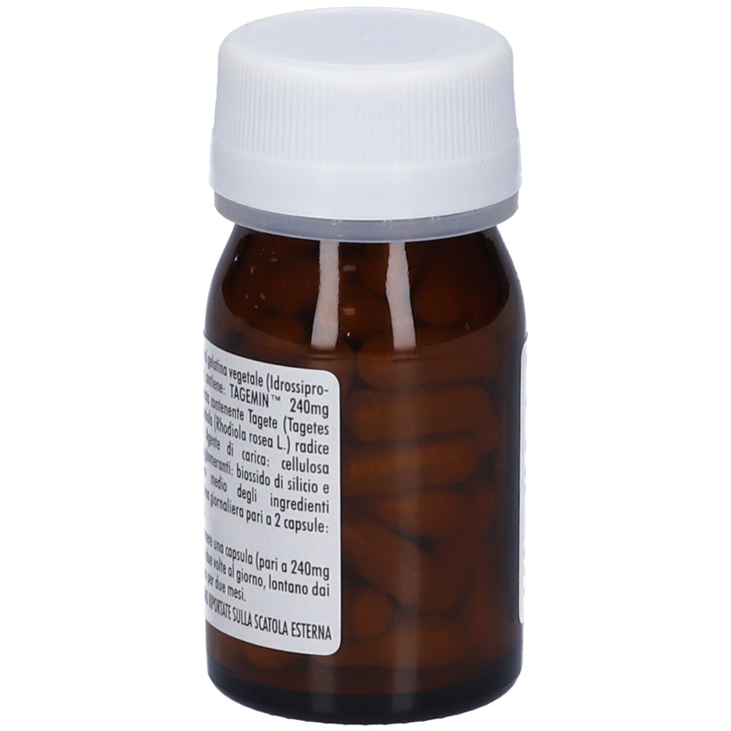 Flacone marrone con tappo bianco. Scritto: Happy flower, Tagemin, 50 capsule. Lista ingredienti.