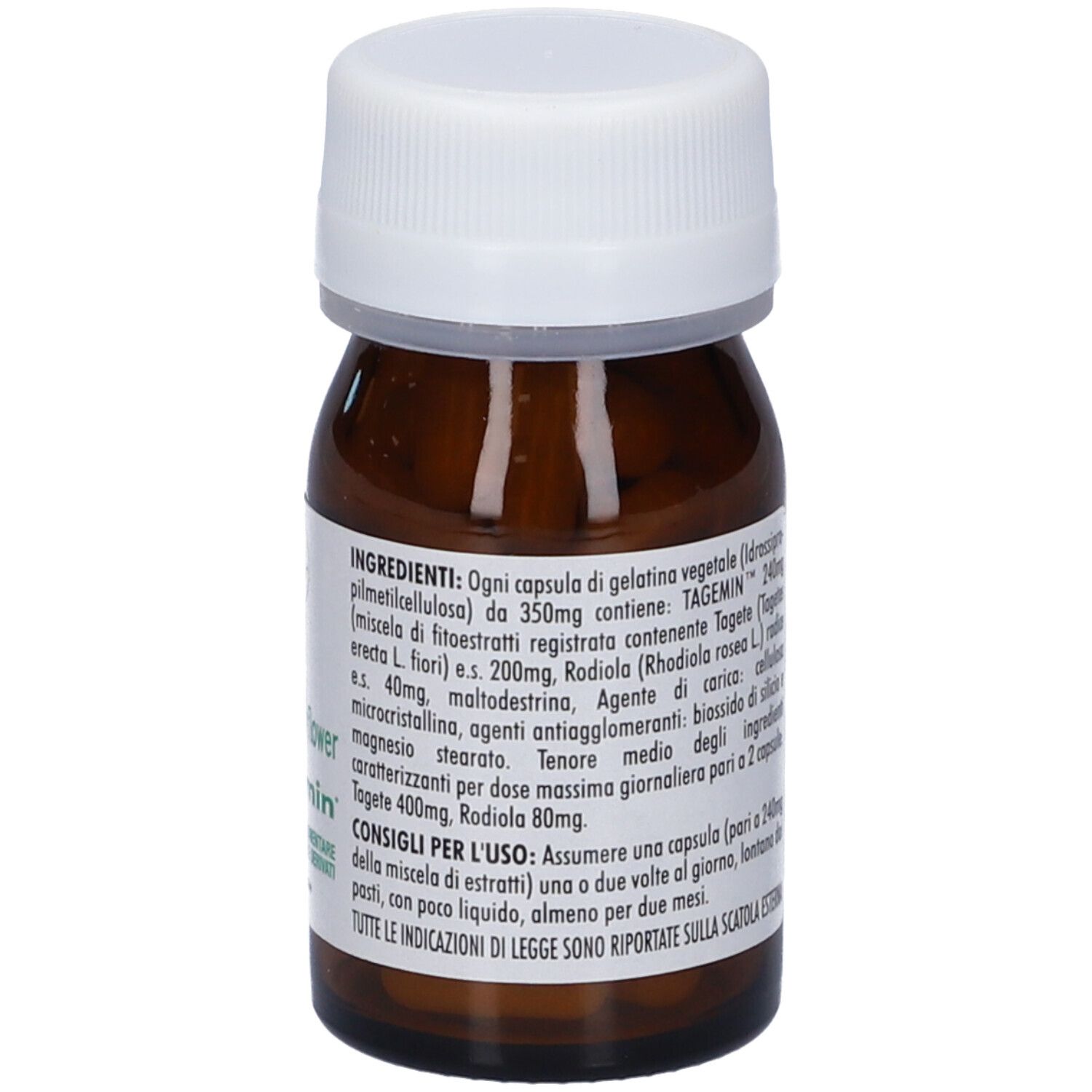 Flacone marrone con tappo bianco. Scritto: Happy flower, Tagemin, 50 capsule. Lista ingredienti.