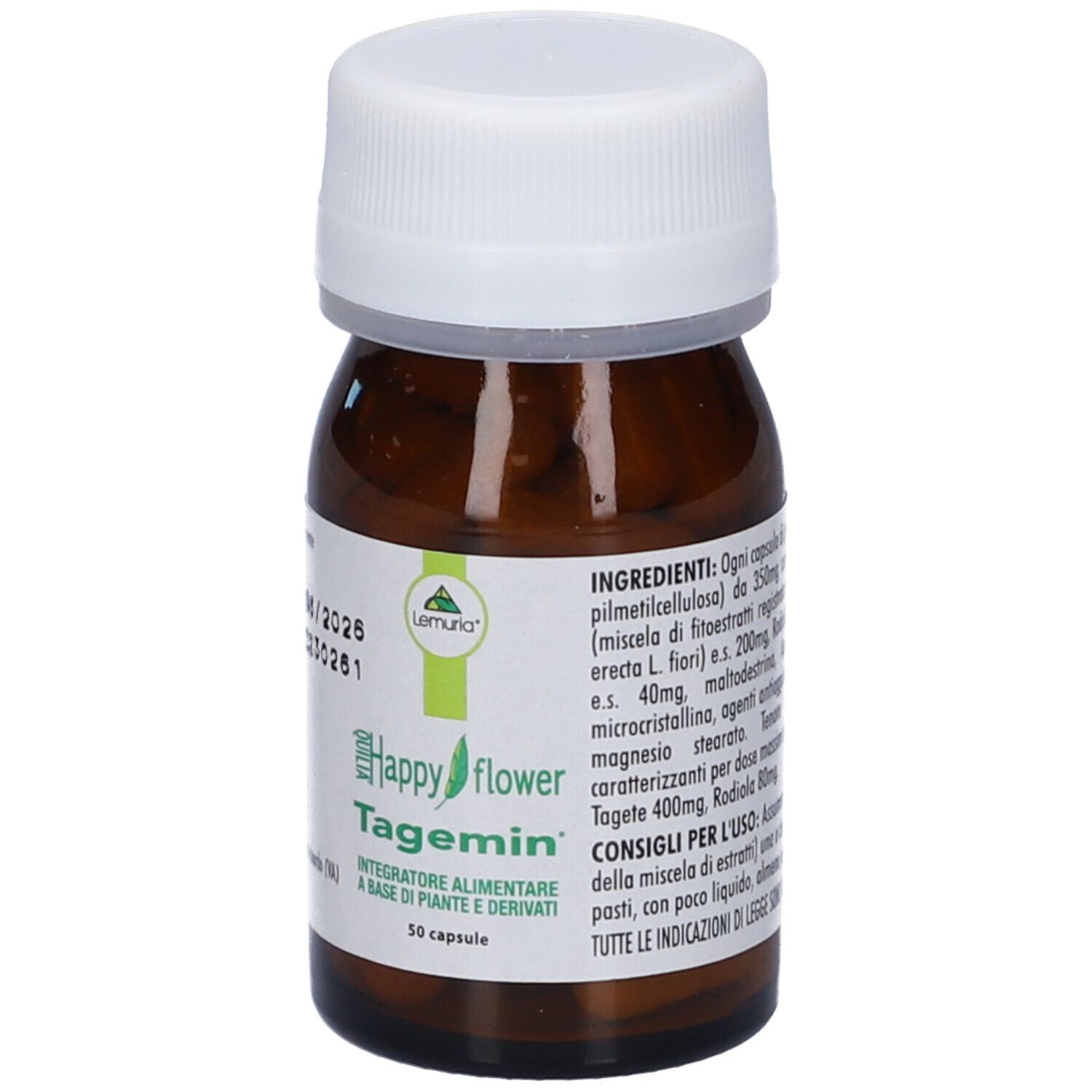 Flacone marrone con tappo bianco. Scritto: Happy flower, Tagemin, 50 capsule. Lista ingredienti.