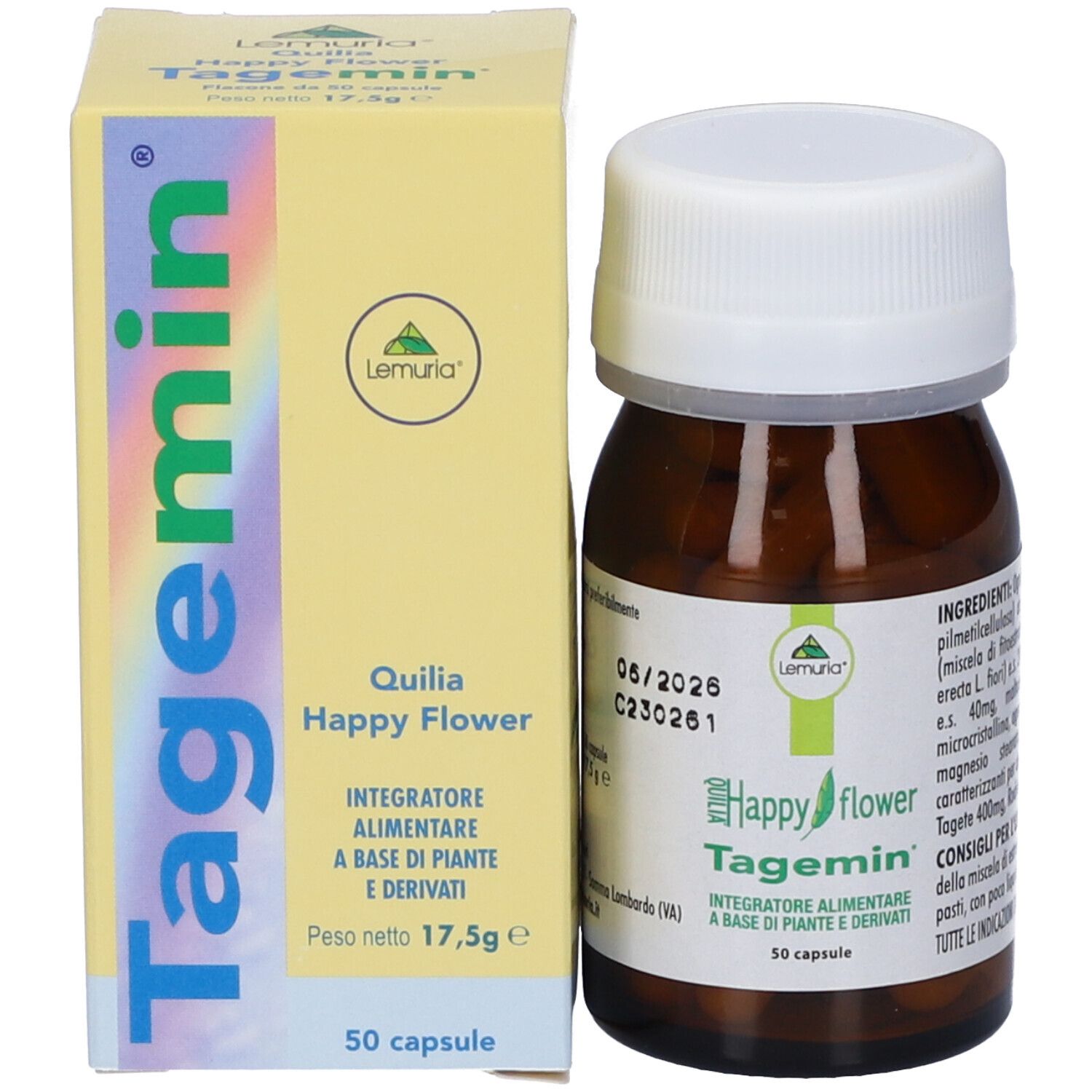 Flacone marrone e scatola gialla. Scritto: Happy flower, Tagemin, 50 capsule. Scadenza 06/2026.