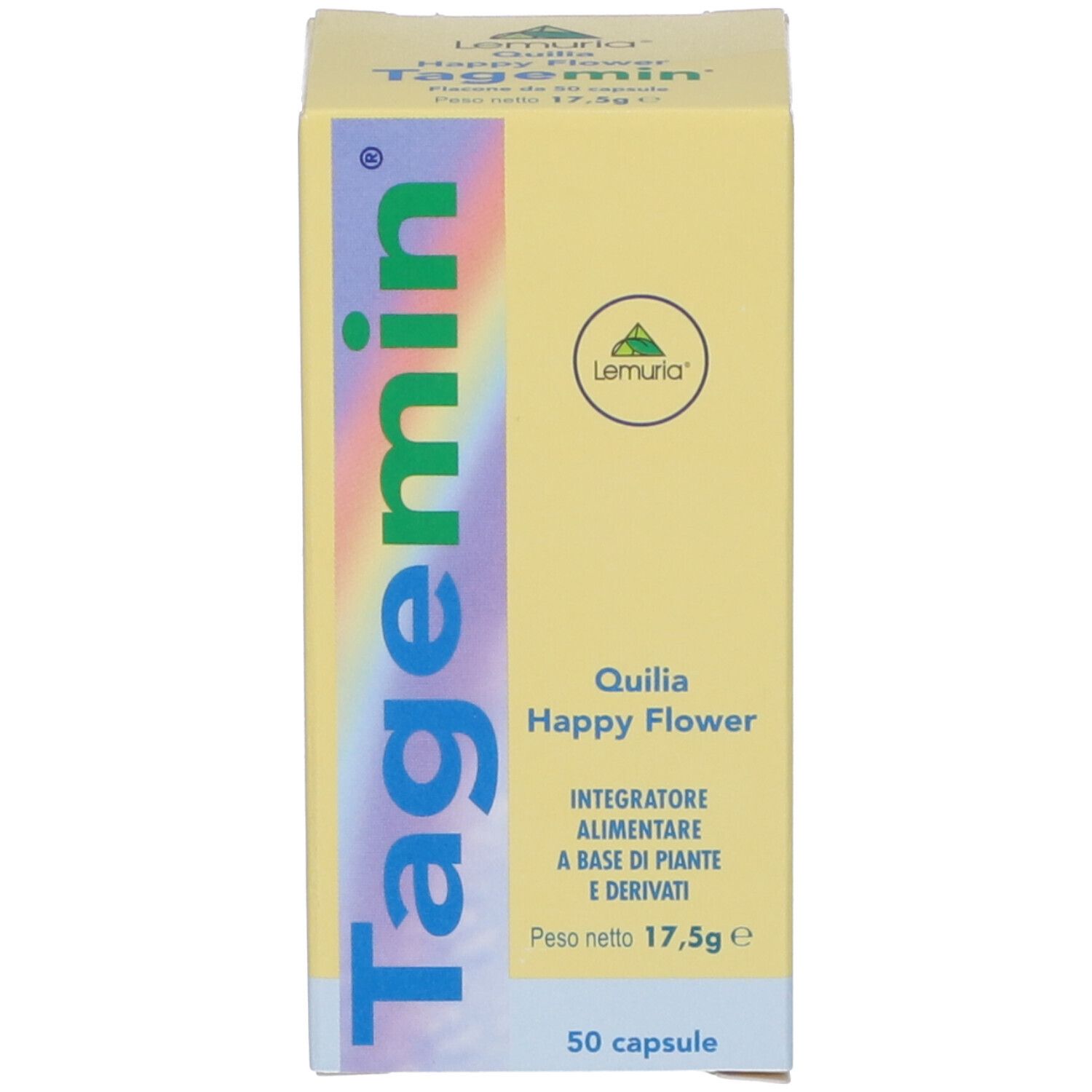 Scatola gialla con scritta blu Tagemin. Scritto: Quilia Happy Flower, 50 capsule.