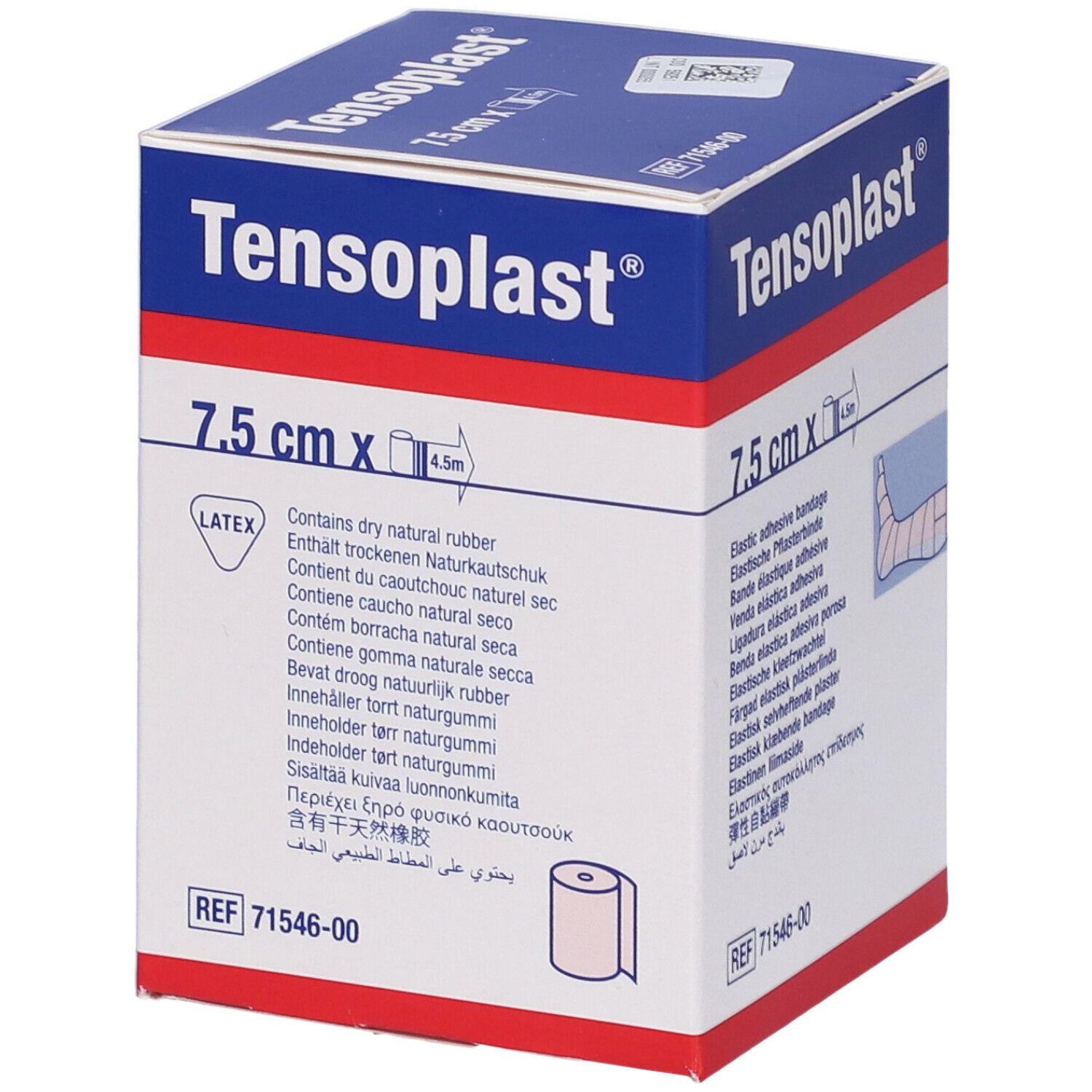 Scatola Tensoplast, 7,5 cm x 4,5 m. Confezione blu e bianca. Contiene gomma naturale e lattice.