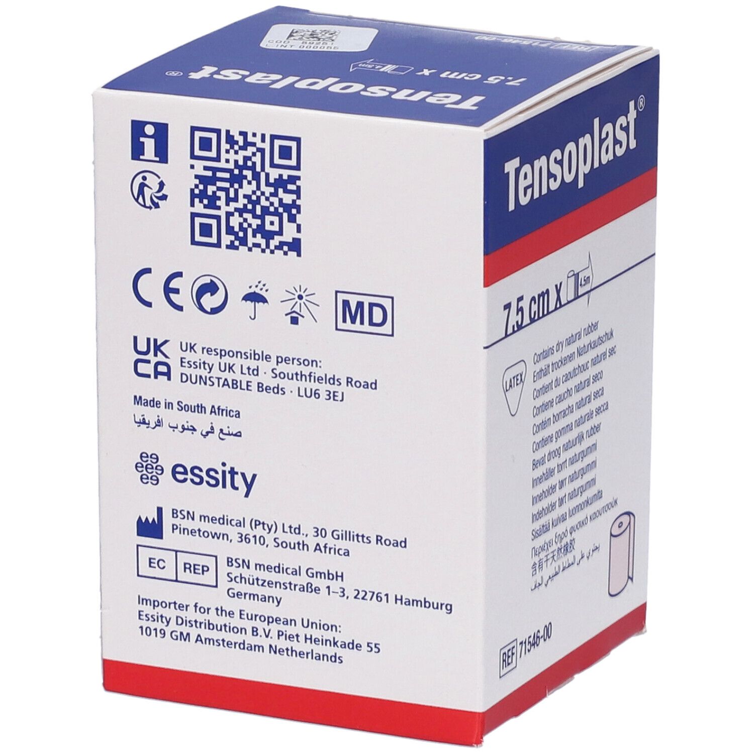 Scatola Tensoplast, 7,5 cm x 4,5 m. Confezione blu e bianca. Dispositivo medico.