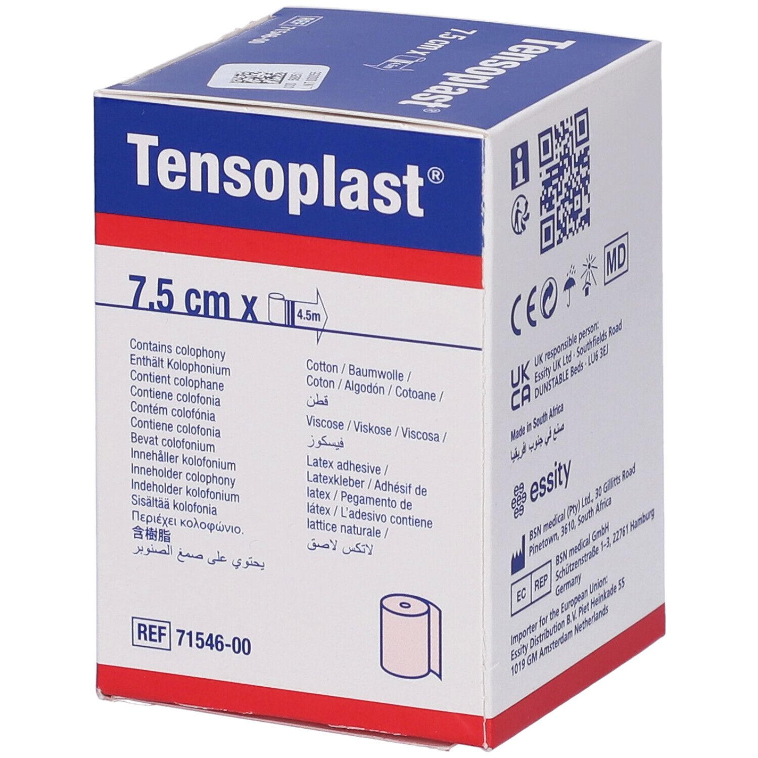 Scatola Tensoplast, 7,5 cm x 4,5 m. Confezione blu e bianca. Contiene colofonia.