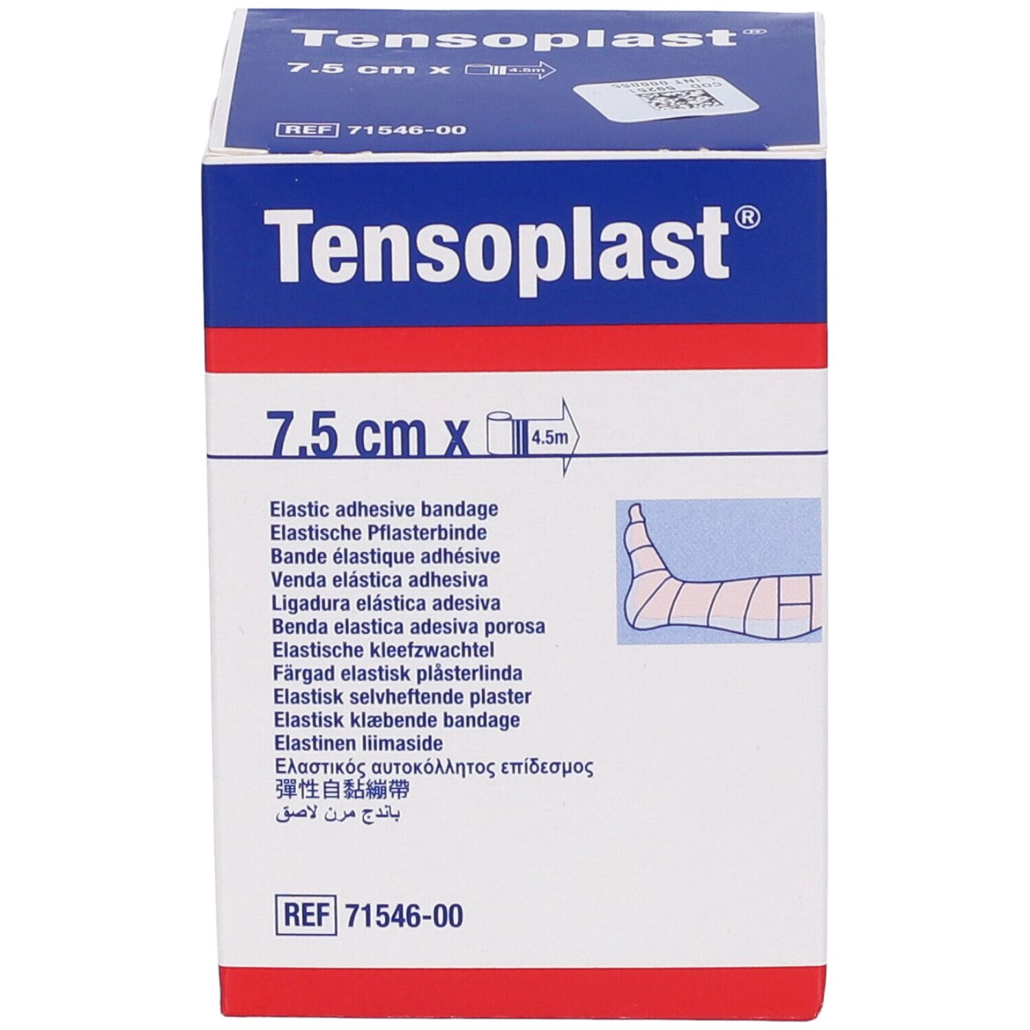 Scatola Tensoplast, 7,5 cm x 4,5 m. Confezione blu e bianca. Benda adesiva elastica.