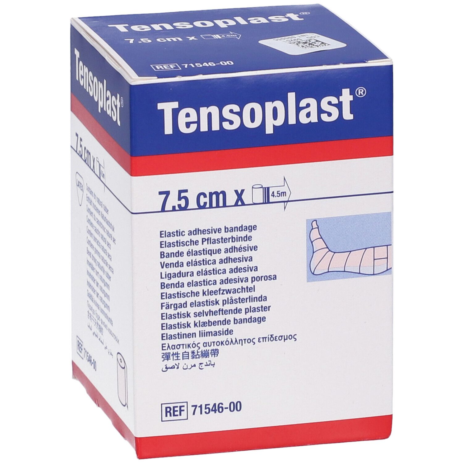 Scatola Tensoplast, 7,5 cm x 4,5 m. Confezione blu e bianca. Benda adesiva elastica.