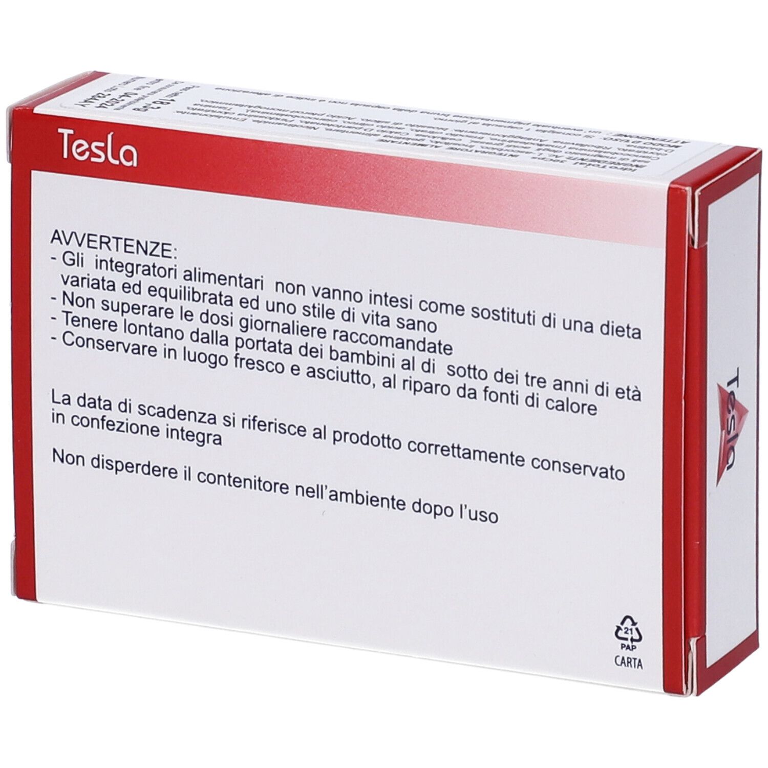 Retro della scatola IdroTotal. Avvertenze e logo Tesla.