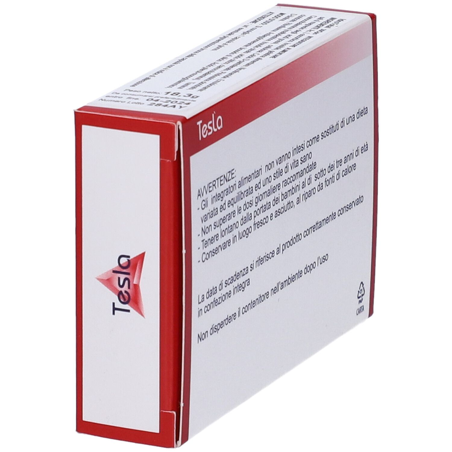 Retro della scatola IdroTotal in prospettiva. Avvertenze e logo Tesla.