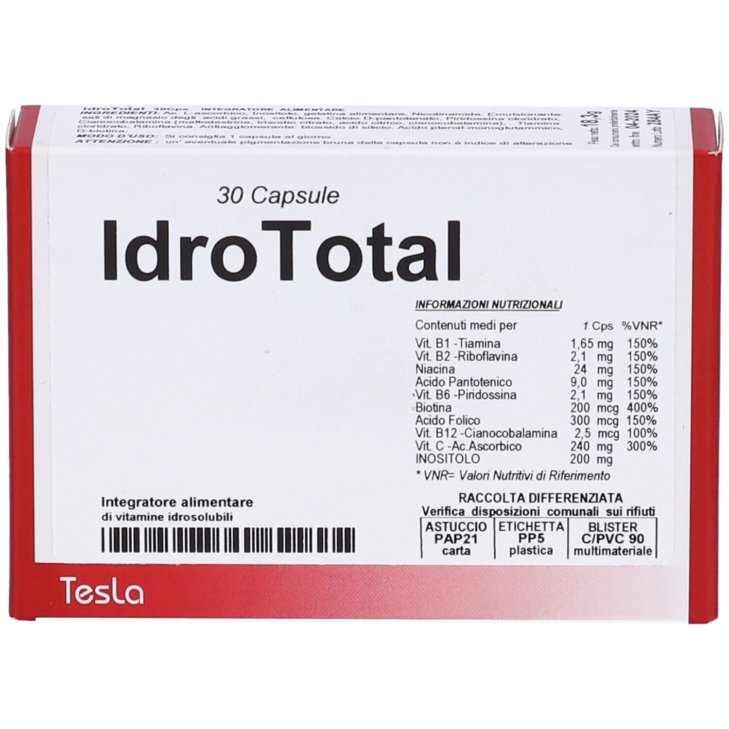 Scatola IdroTotal 30 capsule. Informazioni nutrizionali e logo Tesla.