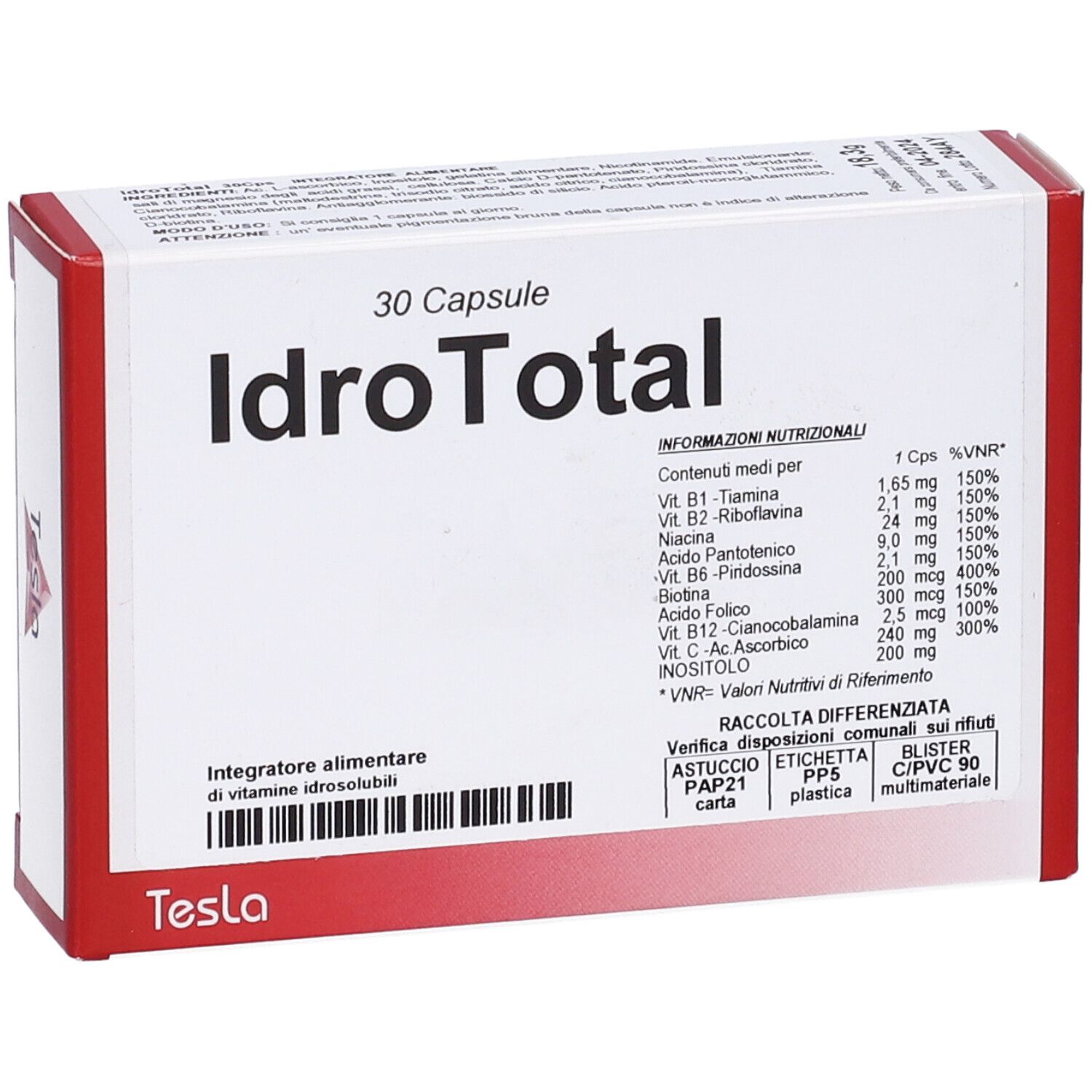 Scatola IdroTotal 30 capsule. Informazioni nutrizionali e logo Tesla.