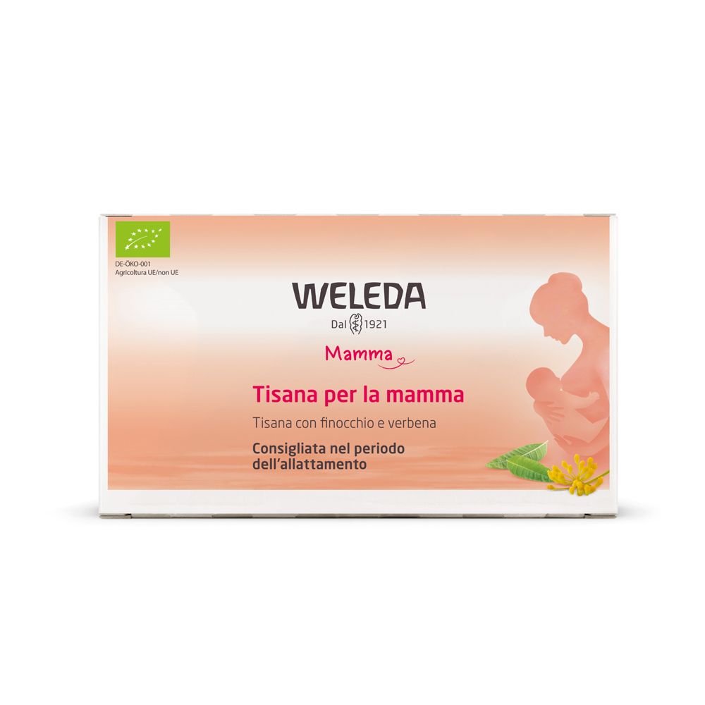 Confezione di tè. Marchio WELEDA, testo: Tisana per la mamma. Certificazione bio.