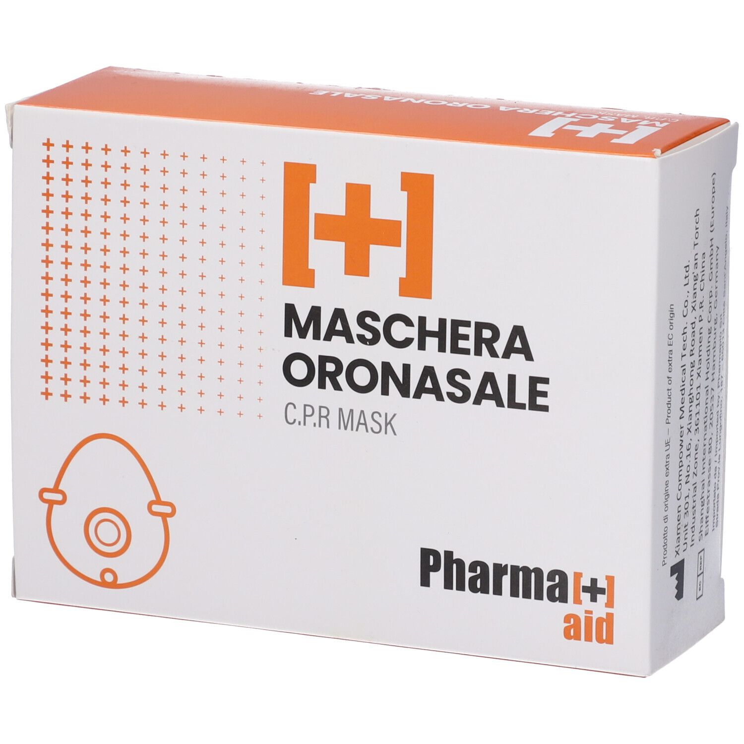 Confezione Pharma+aid. Scritta: Maschera Oronasale, CPR Mask. Scatola arancione e bianca con immagine del prodotto.
