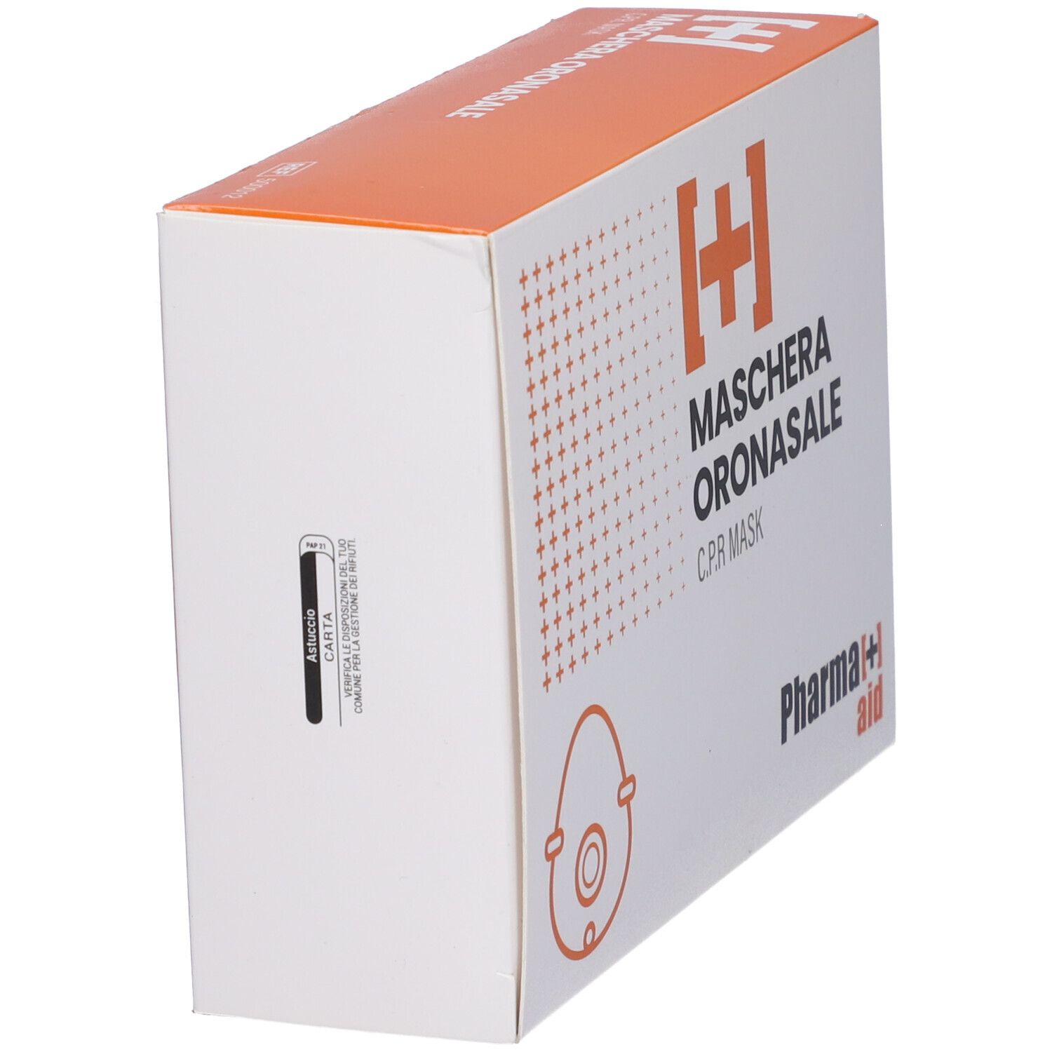 Confezione Pharma+aid. Scritta: Maschera Oronasale, CPR Mask. Scatola arancione e bianca con immagine del prodotto.