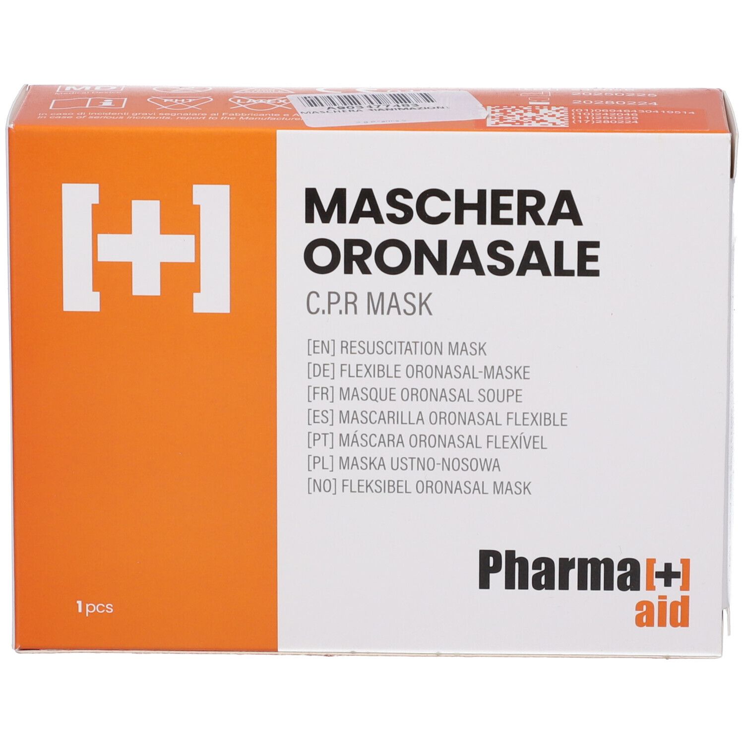 Confezione Pharma+aid. Scritta: Maschera Oronasale, CPR Mask. Scatola arancione e bianca con immagine del prodotto.