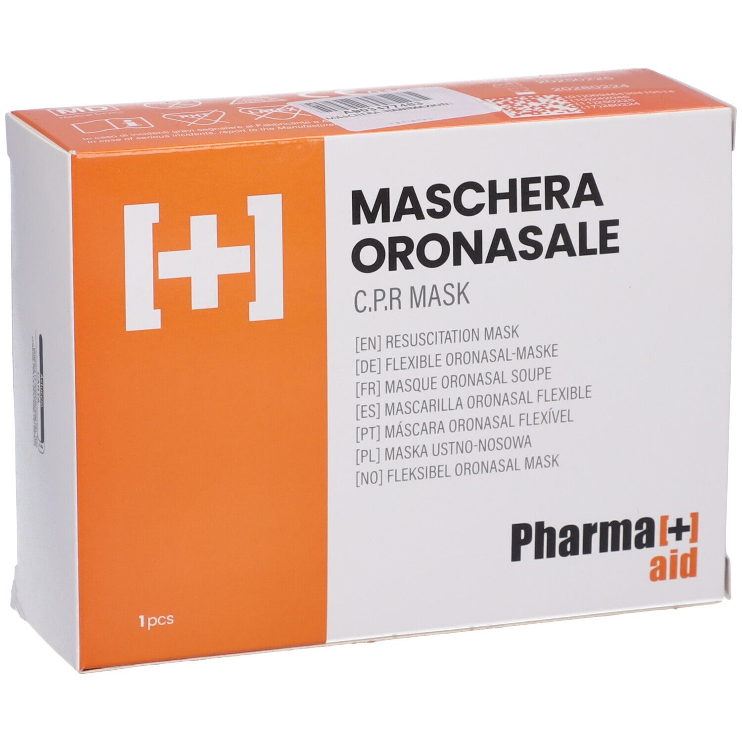 Confezione Pharma+aid. Scritta: Maschera Oronasale, CPR Mask. Scatola arancione e bianca con immagine del prodotto.
