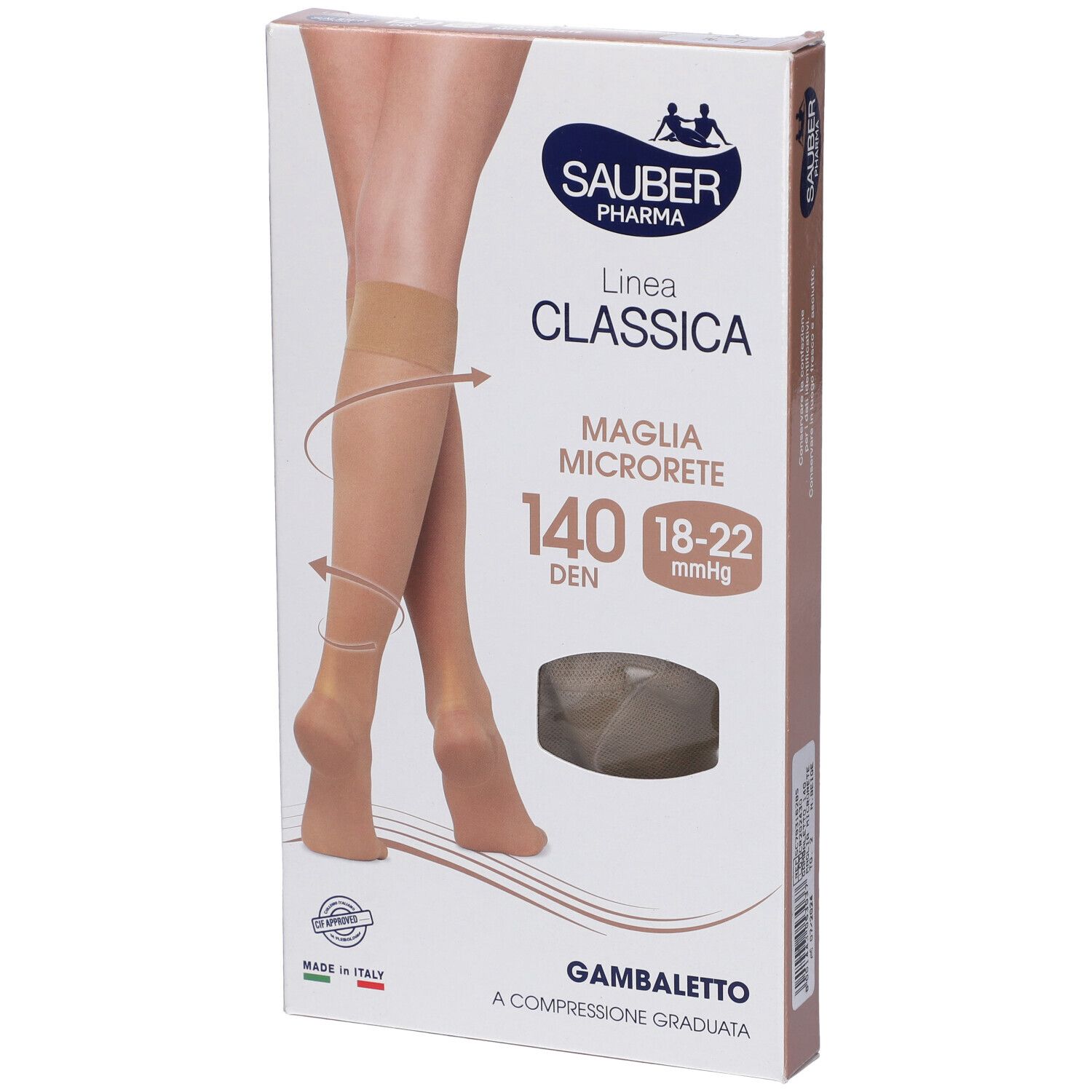 Confezione di calze Sauber Gambaletto 140 Maglia Microrete beige. Immagine mostra una gamba con calza. Marchio e nome del prodotto visibili.