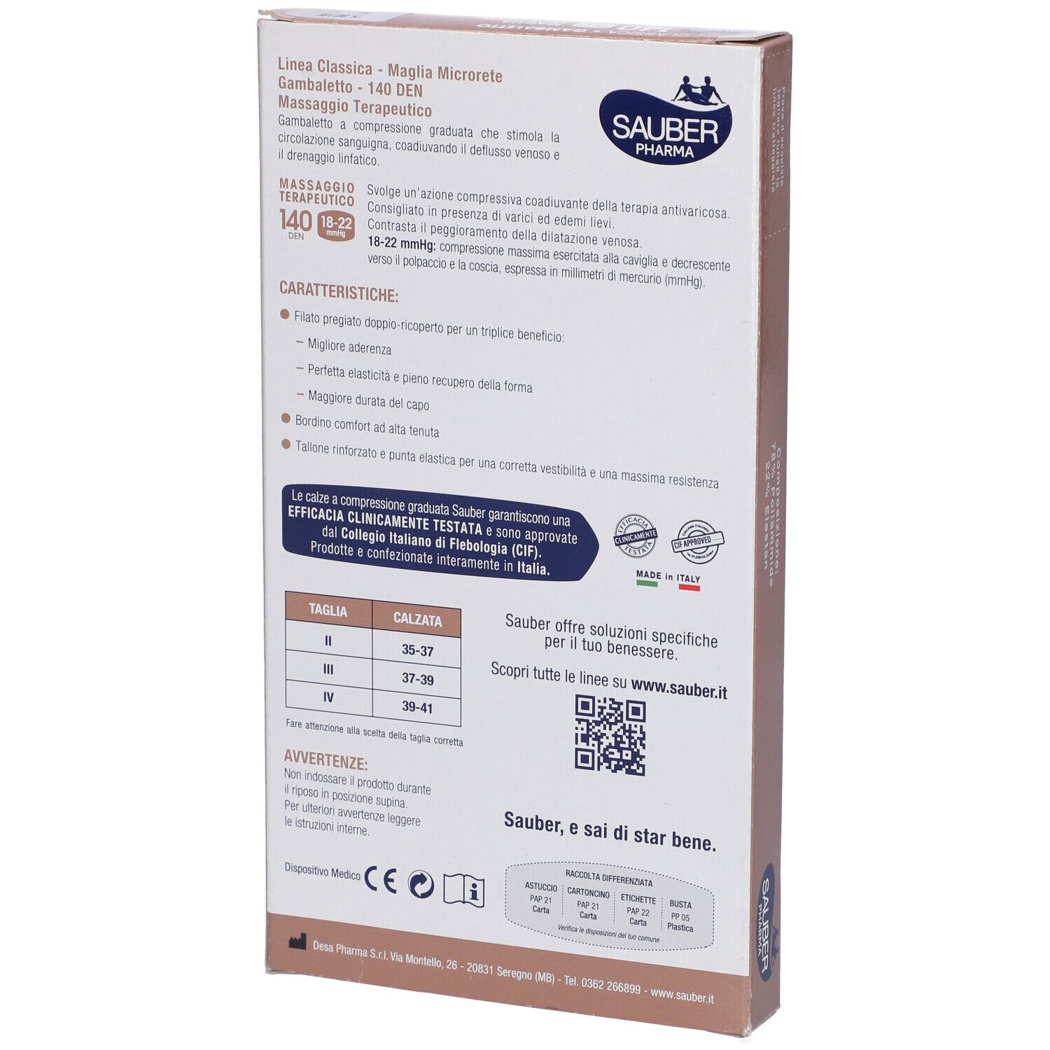 Retro della confezione Sauber Gambaletto 140 Maglia Microrete. Informazioni testuali, taglie e logo visibili. Sfondo beige.