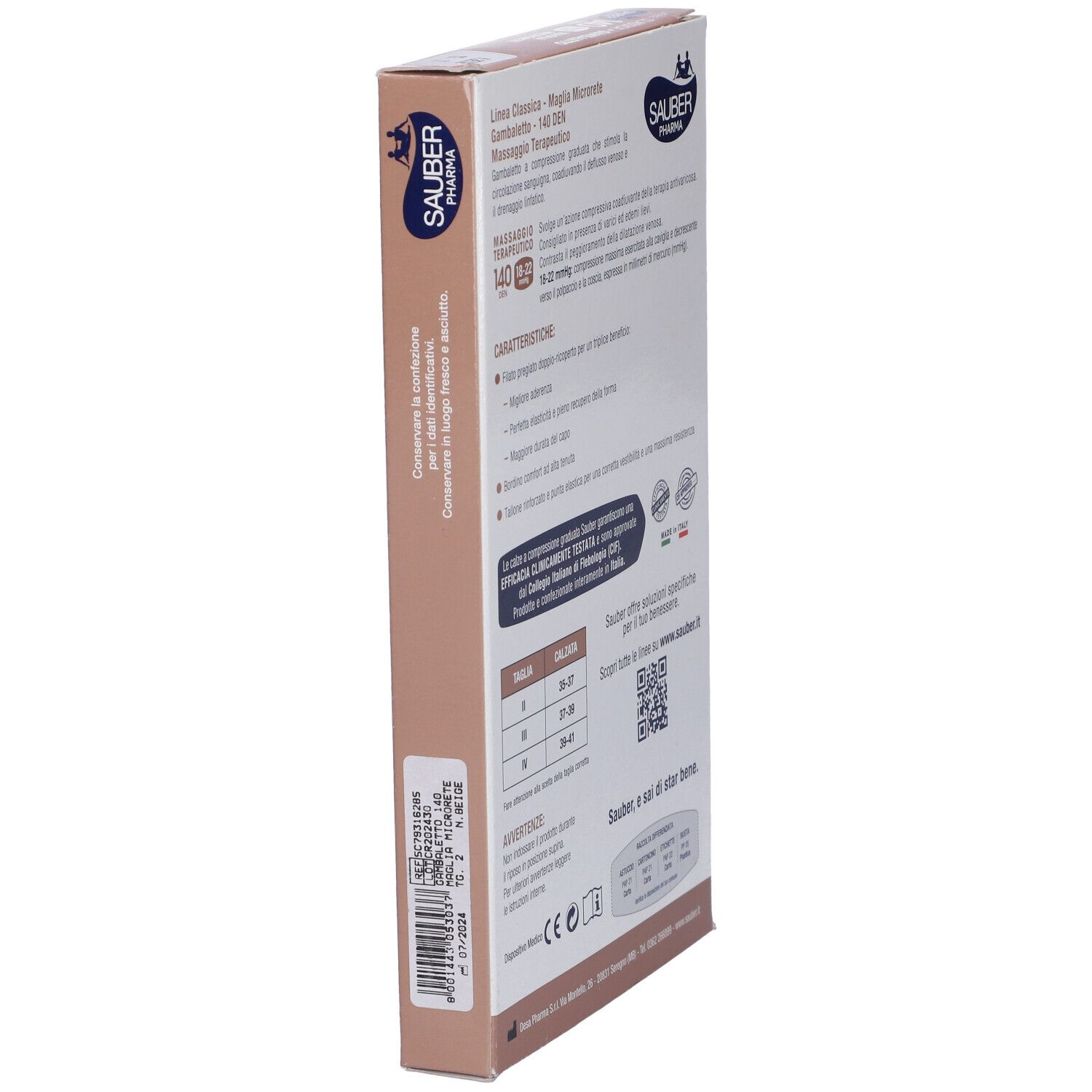 Vista laterale della confezione Sauber Gambaletto 140 Maglia Microrete. Testo e logo visibili. Beige e bianco.