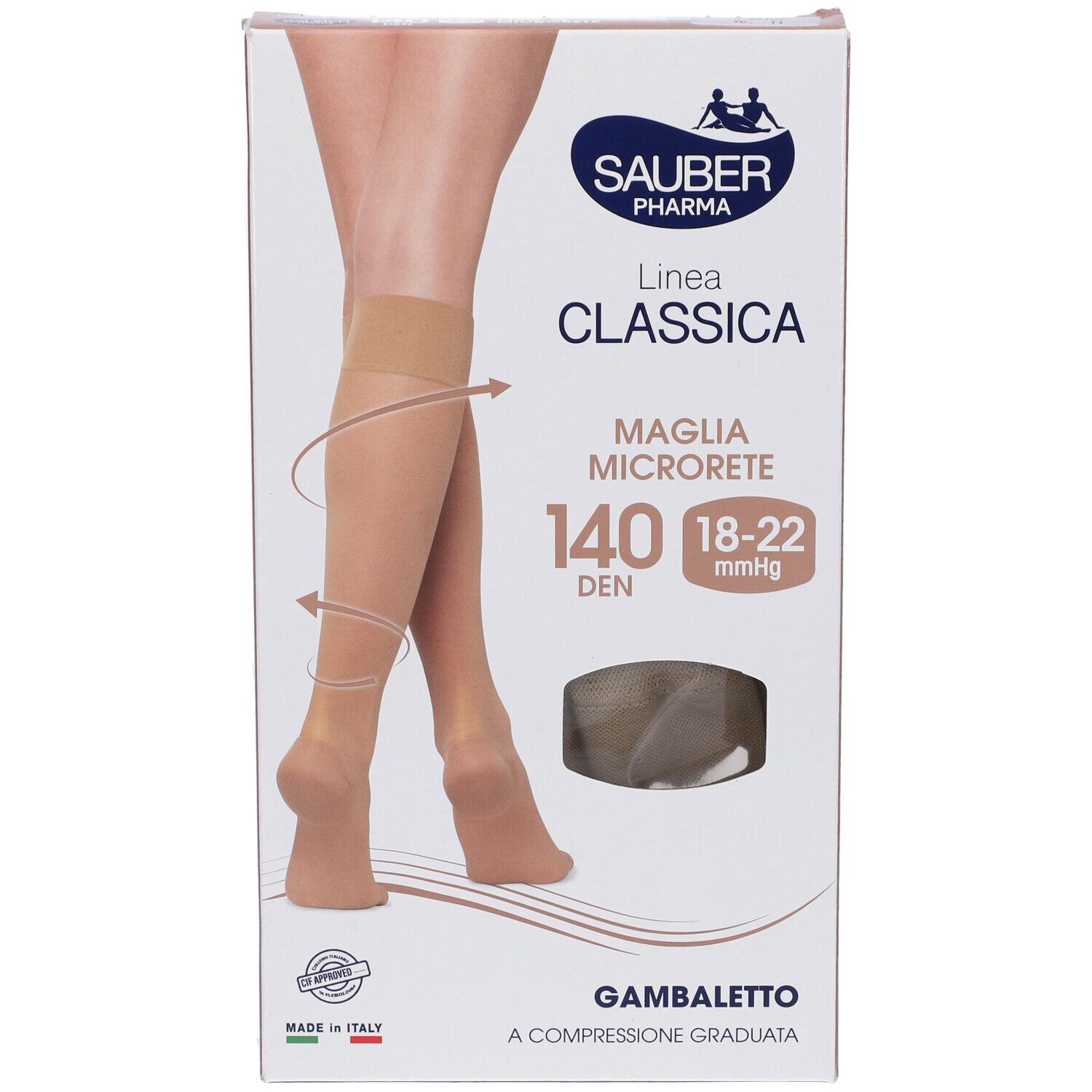 Confezione di calze Sauber Gambaletto 140 Maglia Microrete beige. Immagine mostra una gamba con calza. Marchio e nome del prodotto visibili.